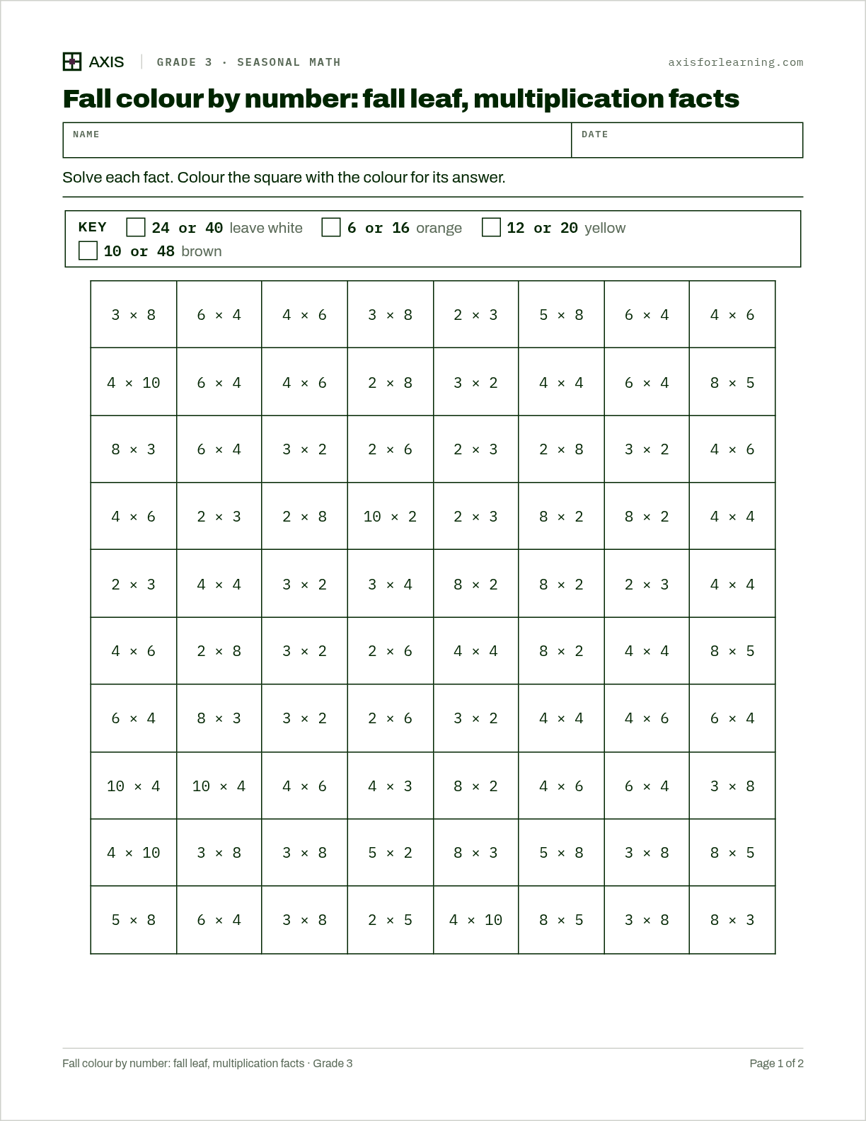 Fall colour by number: fall leaf, multiplication facts: first page of the printable worksheet
