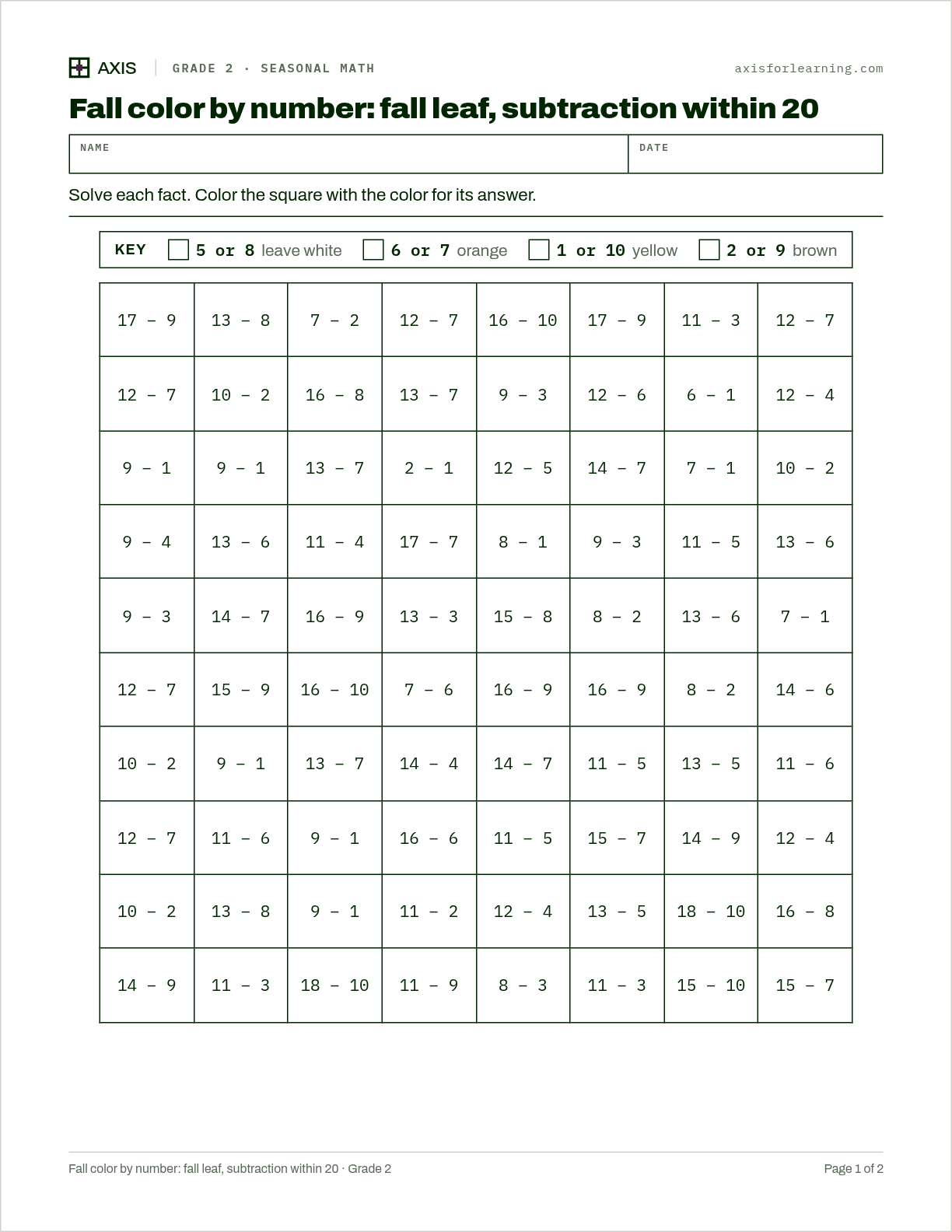 Fall color by number: fall leaf, subtraction within 20: first page of the printable worksheet