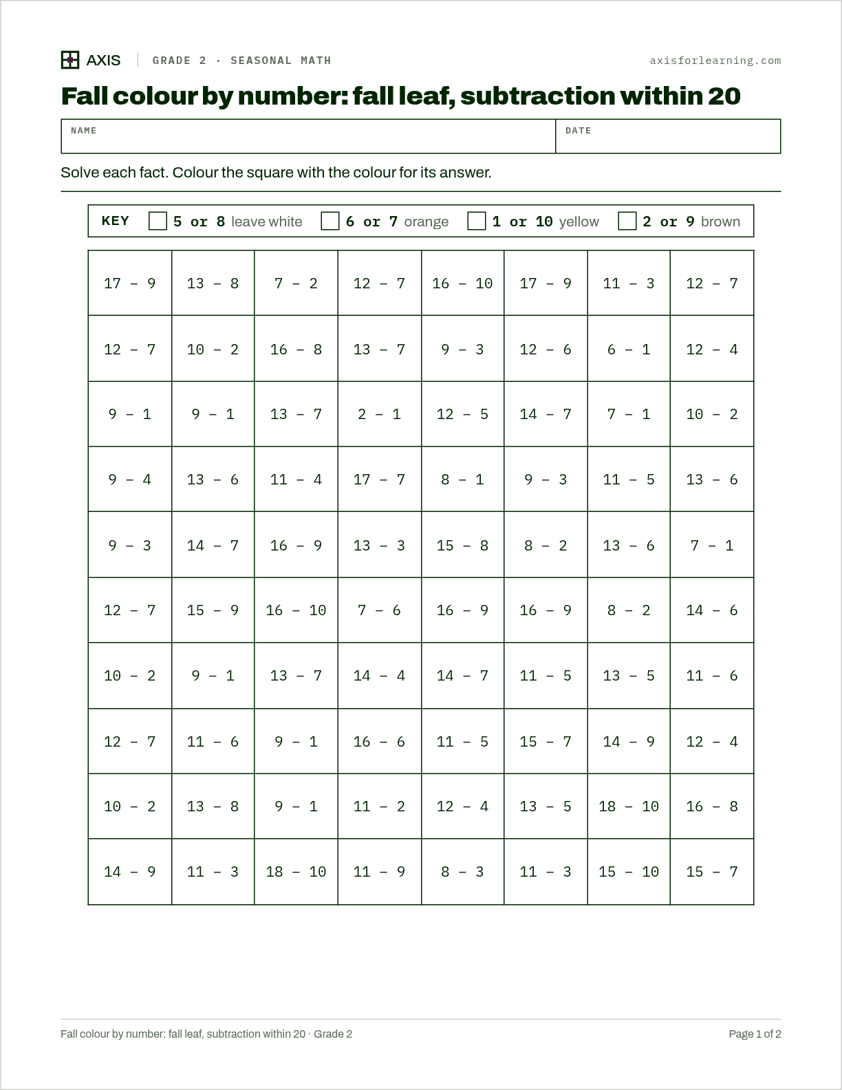 Fall colour by number: fall leaf, subtraction within 20: first page of the printable worksheet
