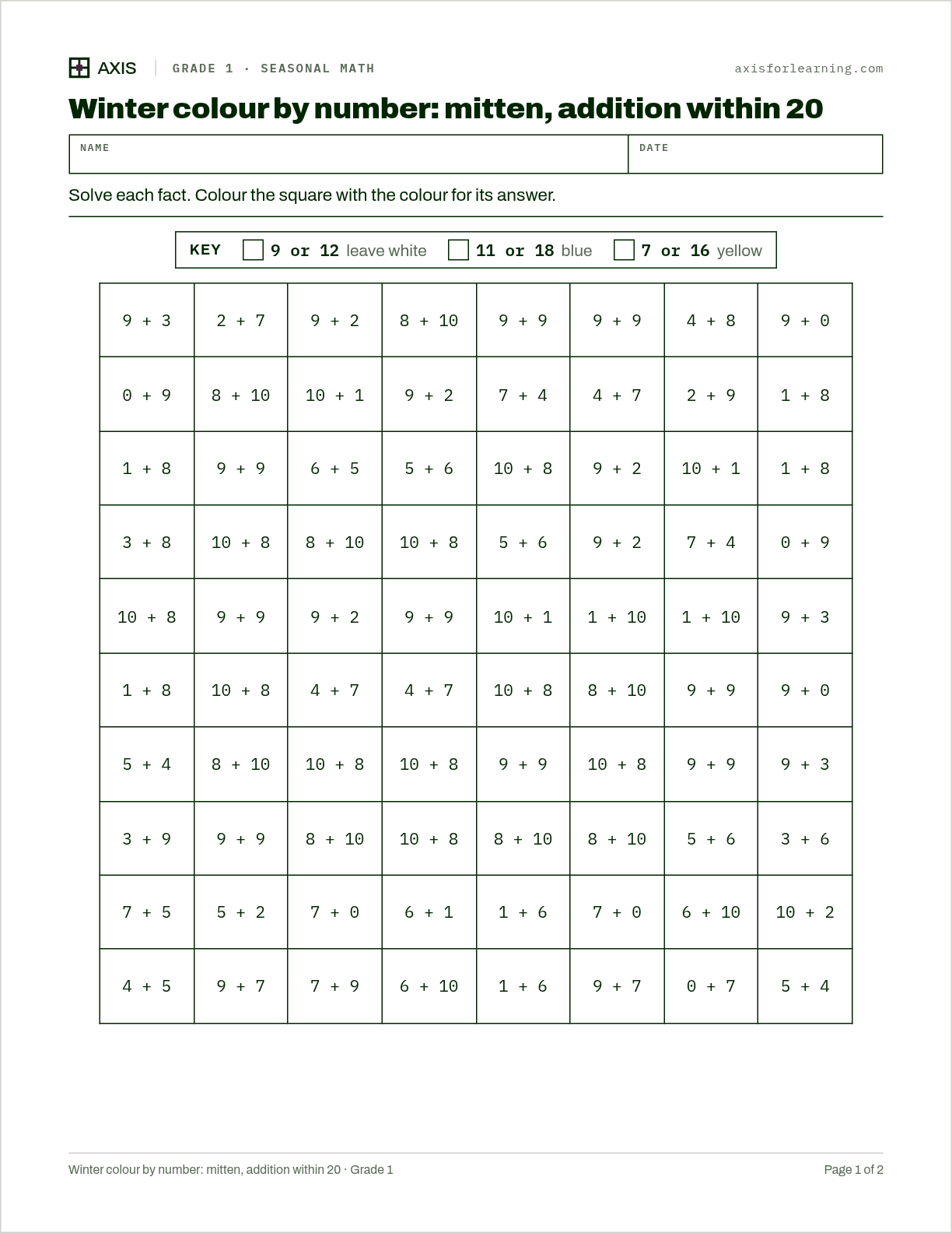 Winter colour by number: mitten, addition within 20: first page of the printable worksheet
