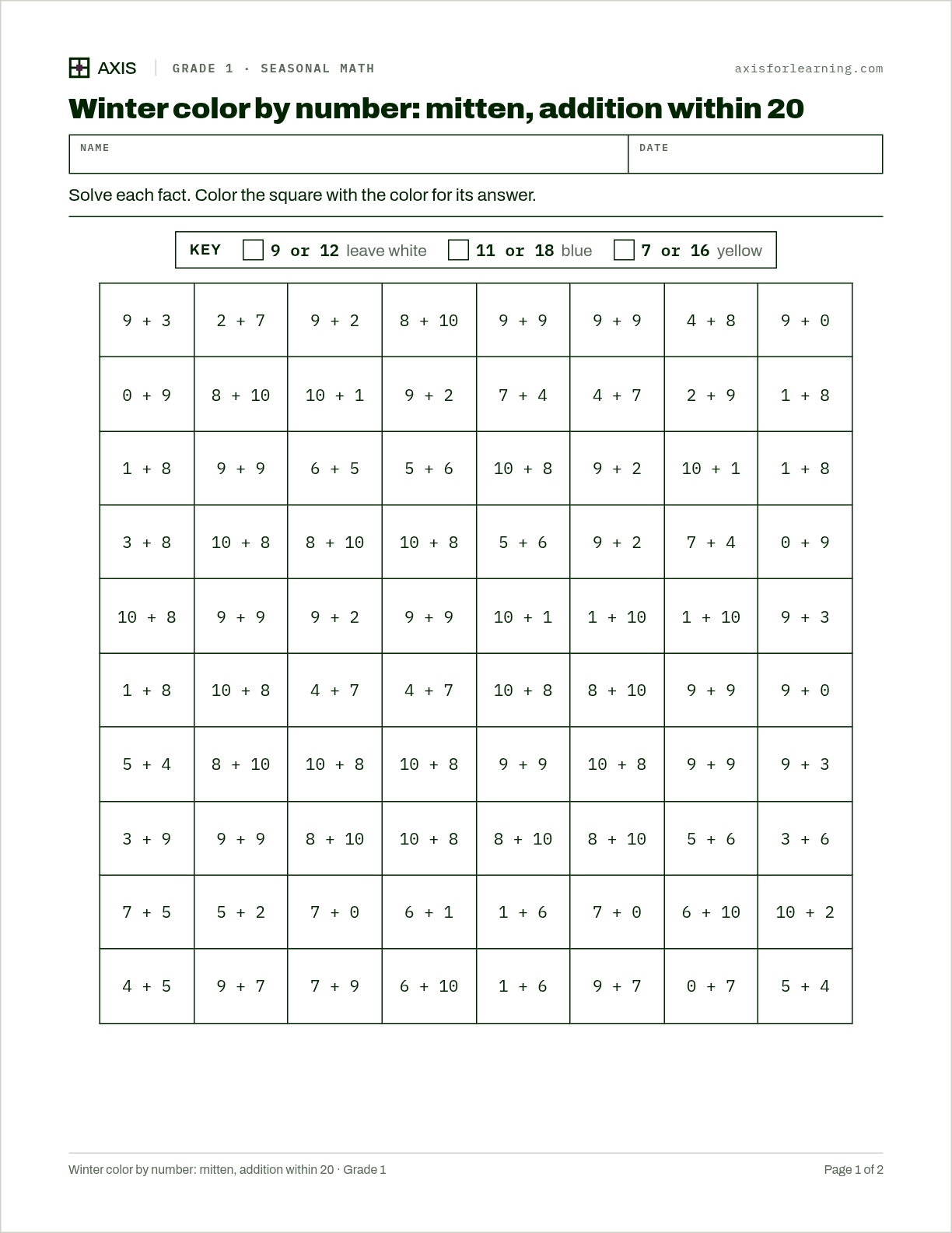 Winter color by number: mitten, addition within 20: first page of the printable worksheet