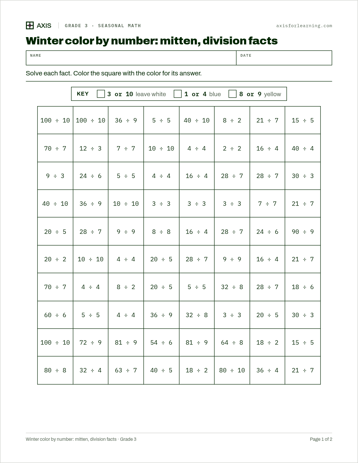 Winter color by number: mitten, division facts: first page of the printable worksheet