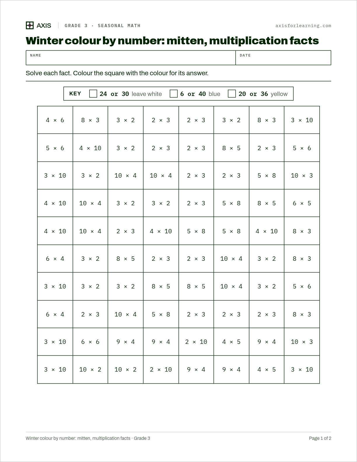 Winter colour by number: mitten, multiplication facts: first page of the printable worksheet