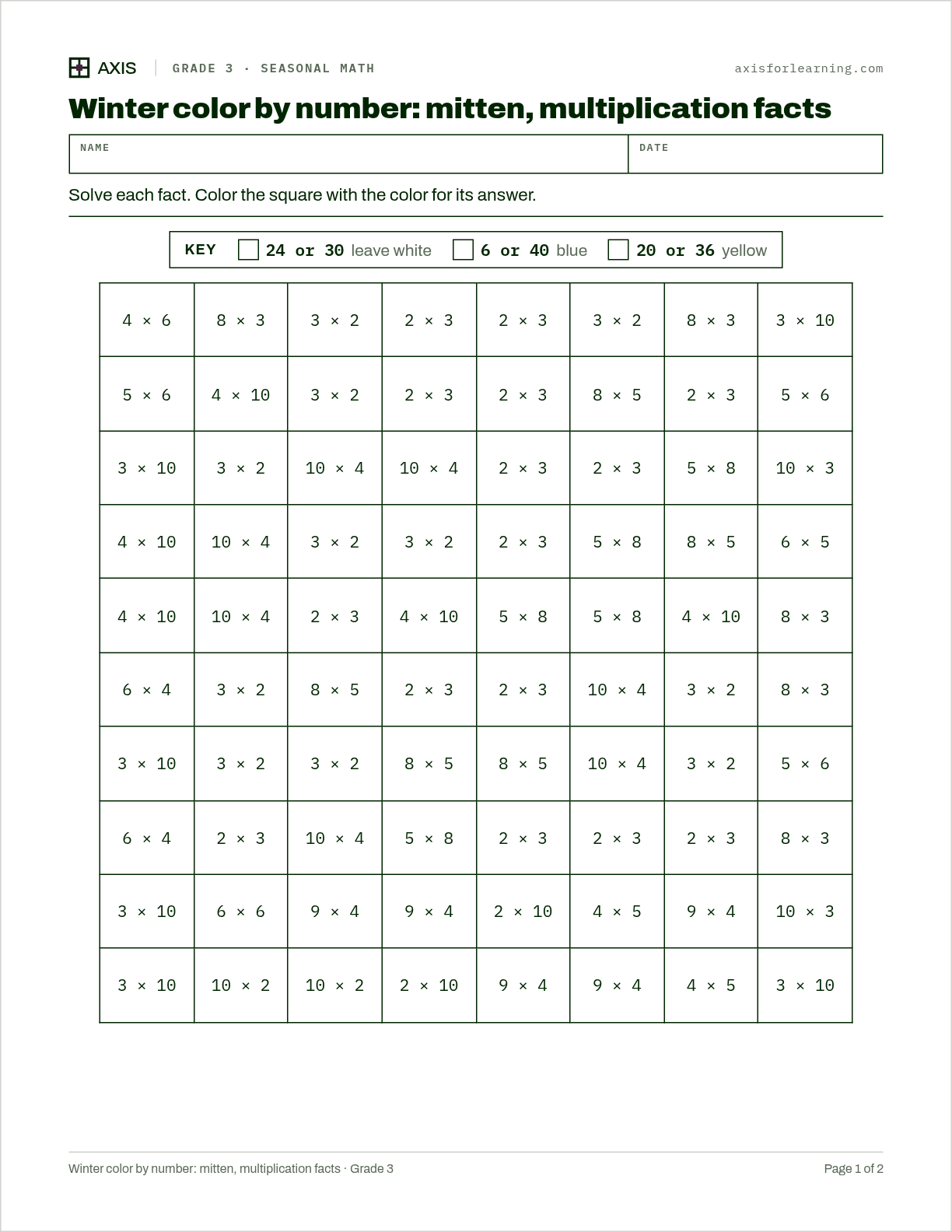 Winter color by number: mitten, multiplication facts: first page of the printable worksheet