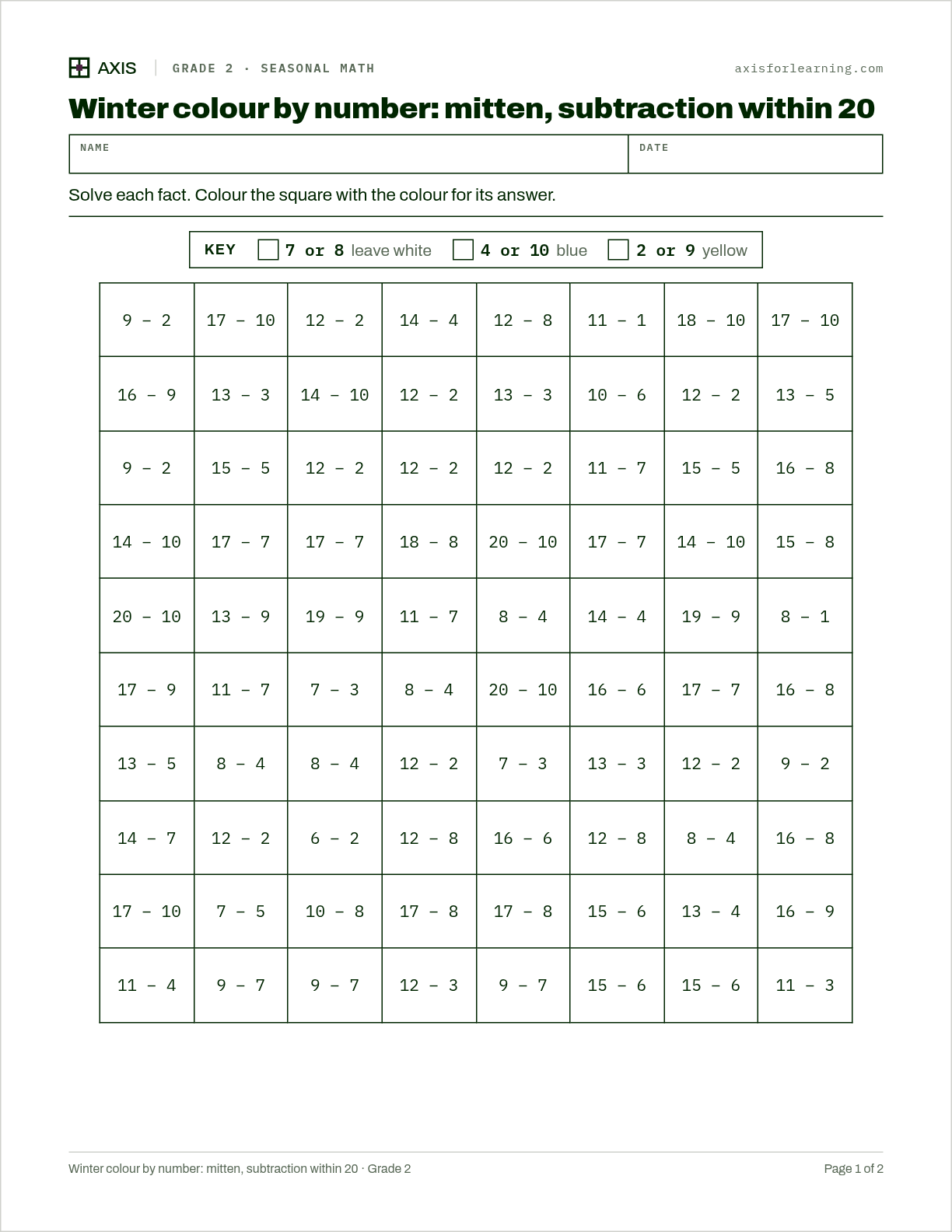 Winter colour by number: mitten, subtraction within 20: first page of the printable worksheet