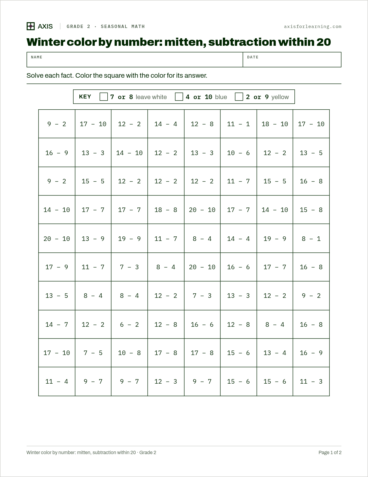 Winter color by number: mitten, subtraction within 20: first page of the printable worksheet
