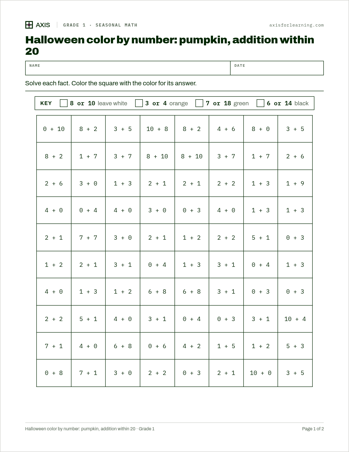Halloween color by number: pumpkin, addition within 20: first page of the printable worksheet