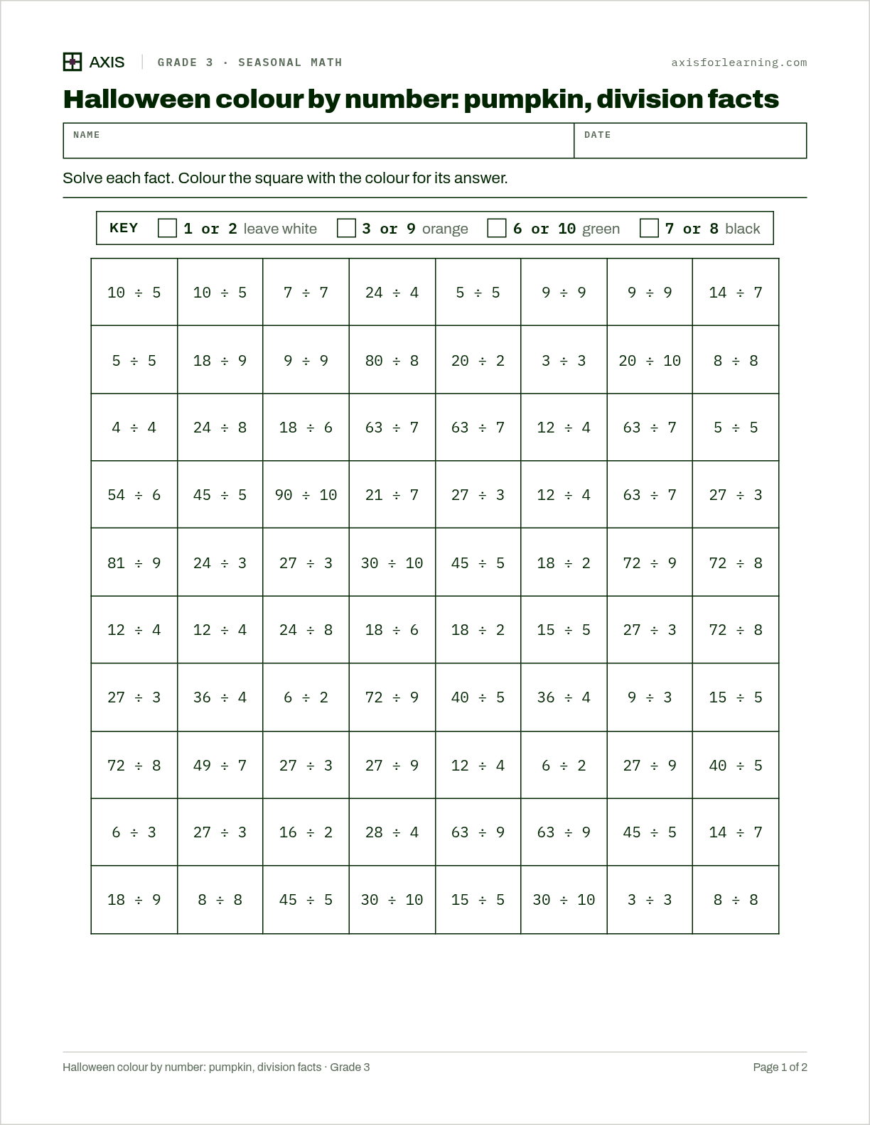 Halloween colour by number: pumpkin, division facts: first page of the printable worksheet