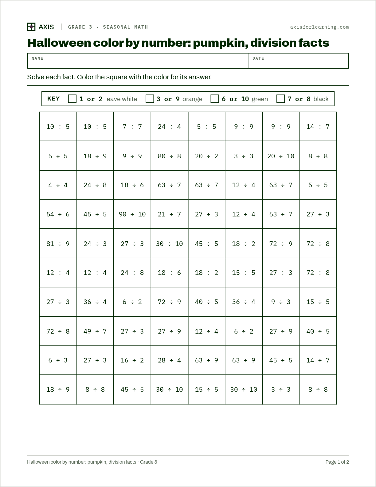 Halloween color by number: pumpkin, division facts: first page of the printable worksheet