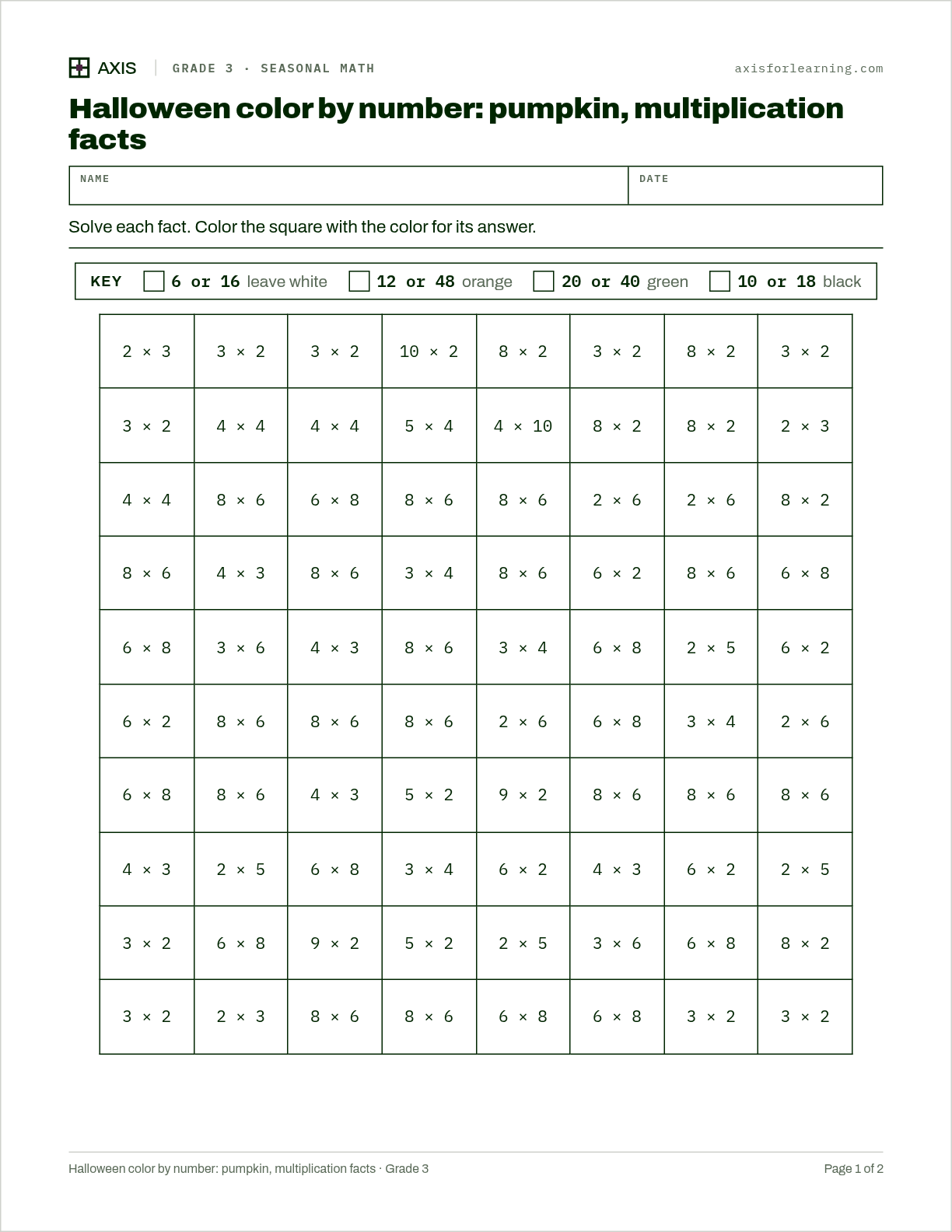 Halloween color by number: pumpkin, multiplication facts: first page of the printable worksheet