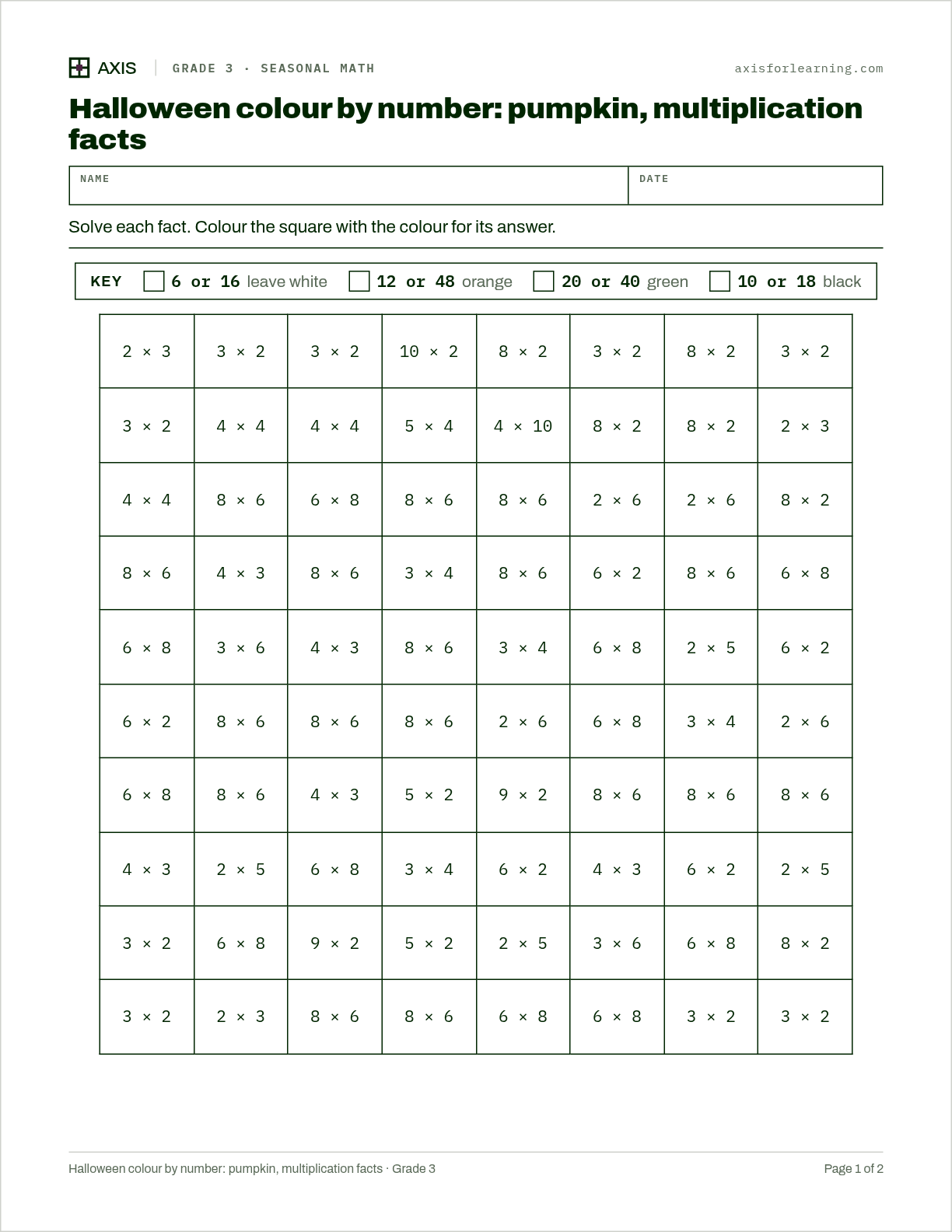Halloween colour by number: pumpkin, multiplication facts: first page of the printable worksheet