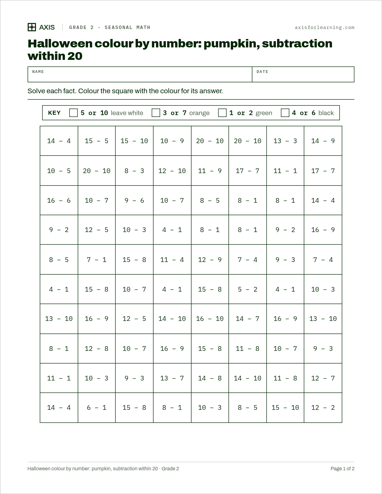Halloween colour by number: pumpkin, subtraction within 20: first page of the printable worksheet