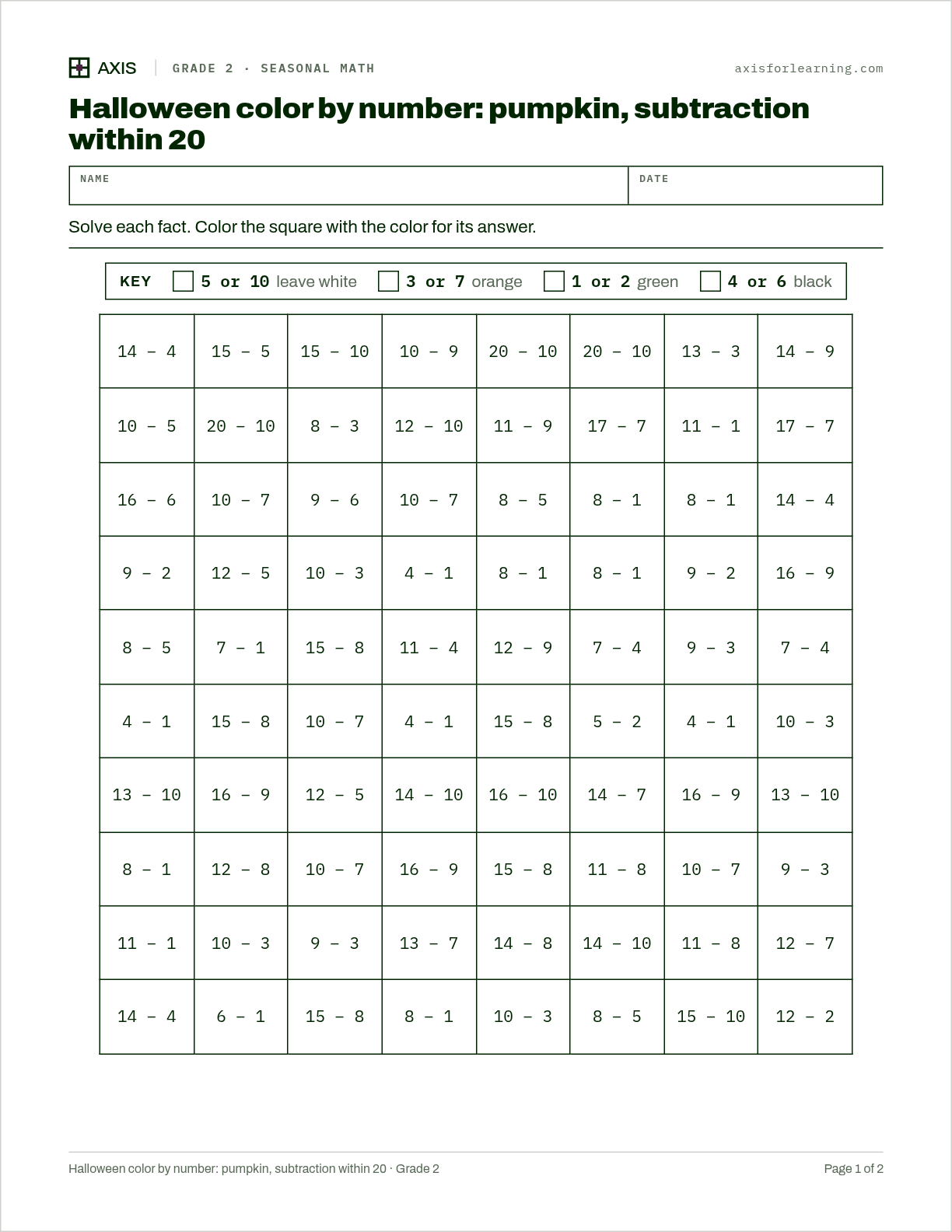 Halloween color by number: pumpkin, subtraction within 20: first page of the printable worksheet