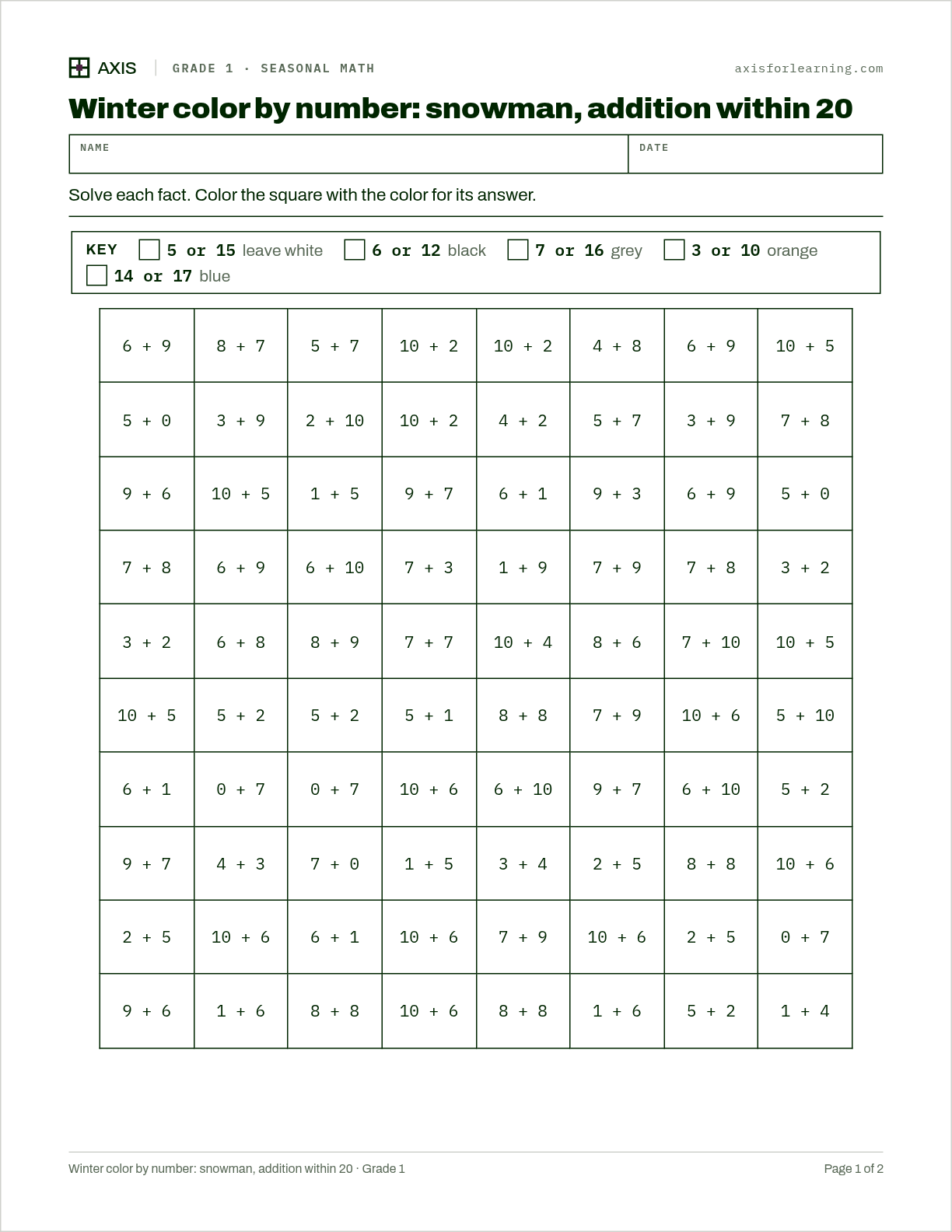 Winter color by number: snowman, addition within 20: first page of the printable worksheet