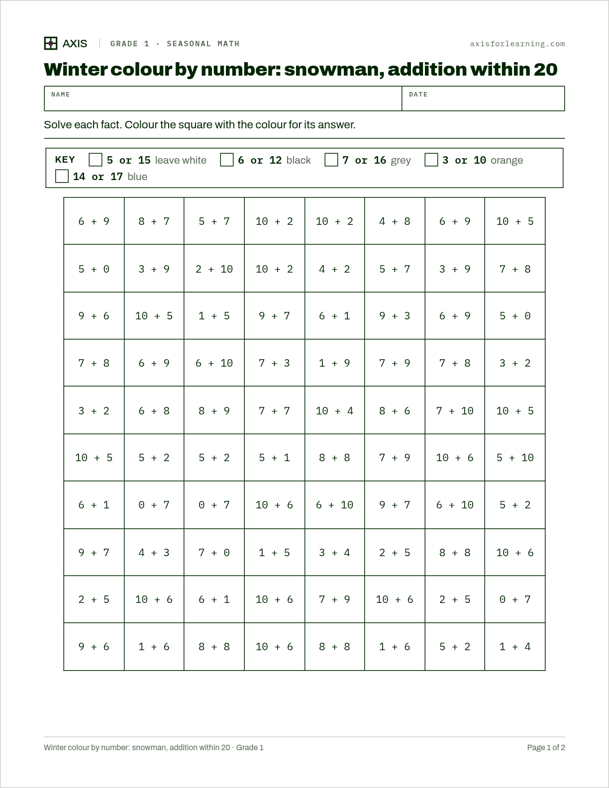 Winter colour by number: snowman, addition within 20: first page of the printable worksheet