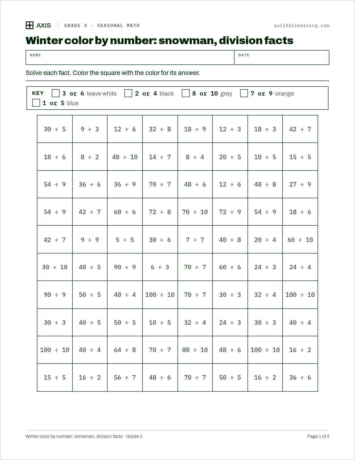 Winter color by number: snowman, division facts: first page of the printable worksheet