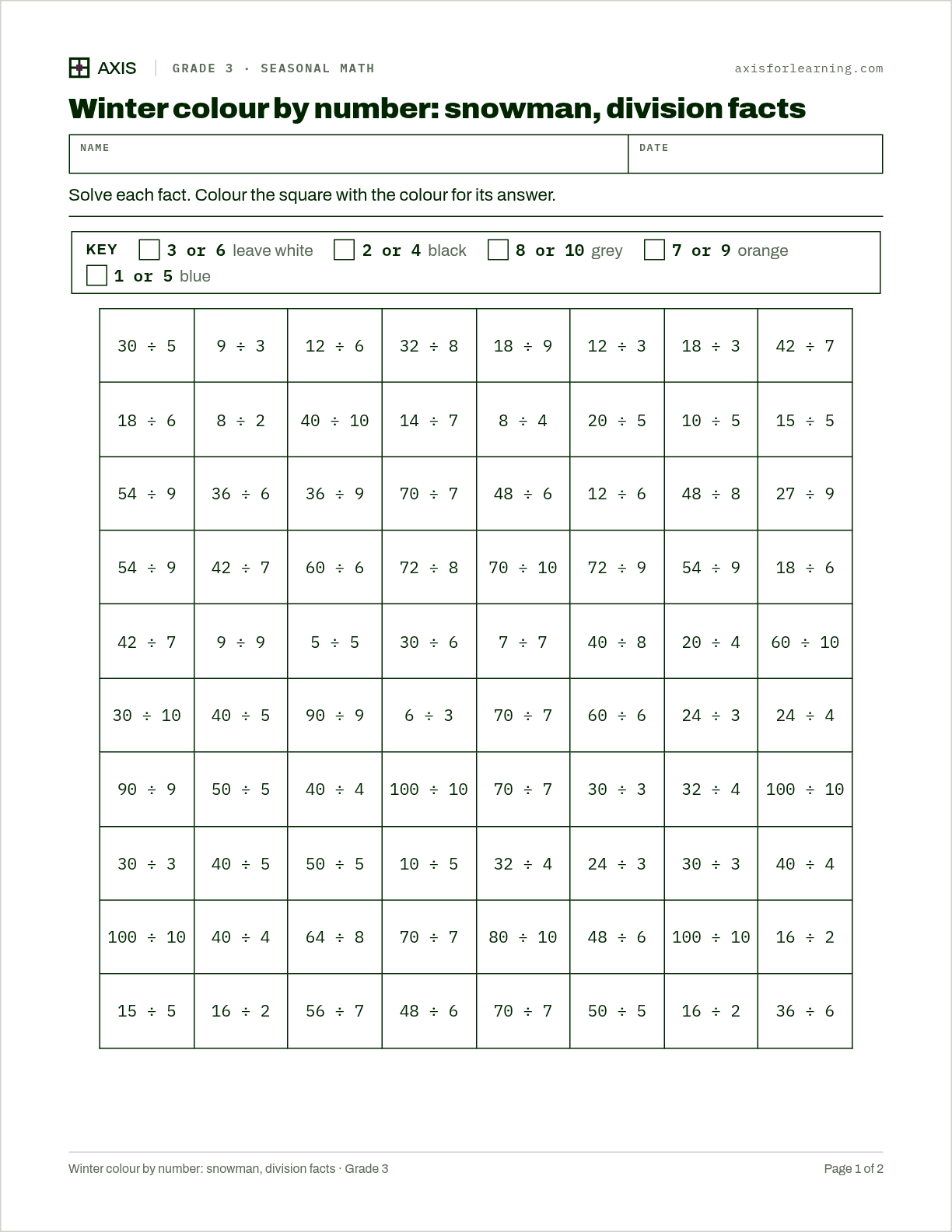 Winter colour by number: snowman, division facts: first page of the printable worksheet