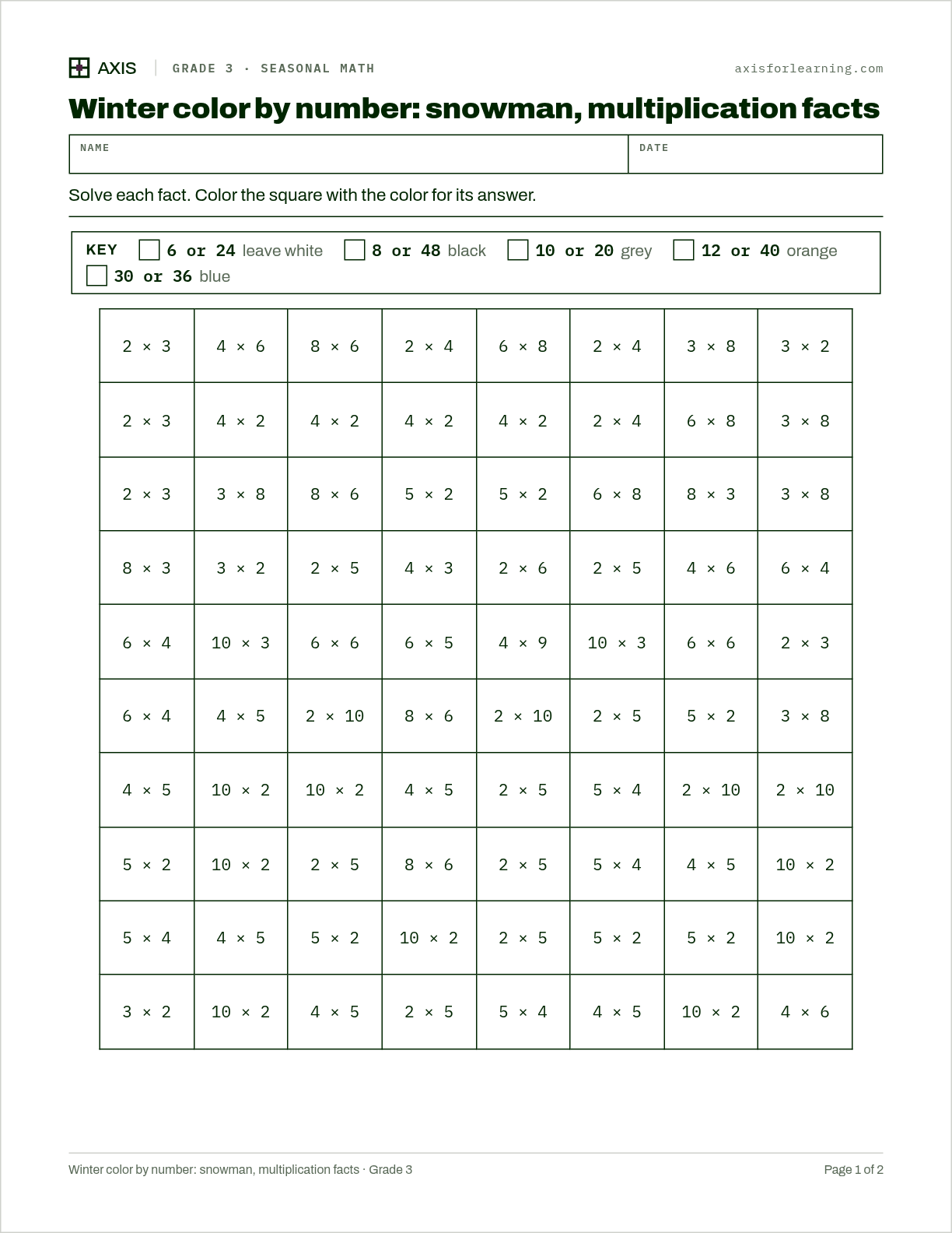 Winter color by number: snowman, multiplication facts: first page of the printable worksheet