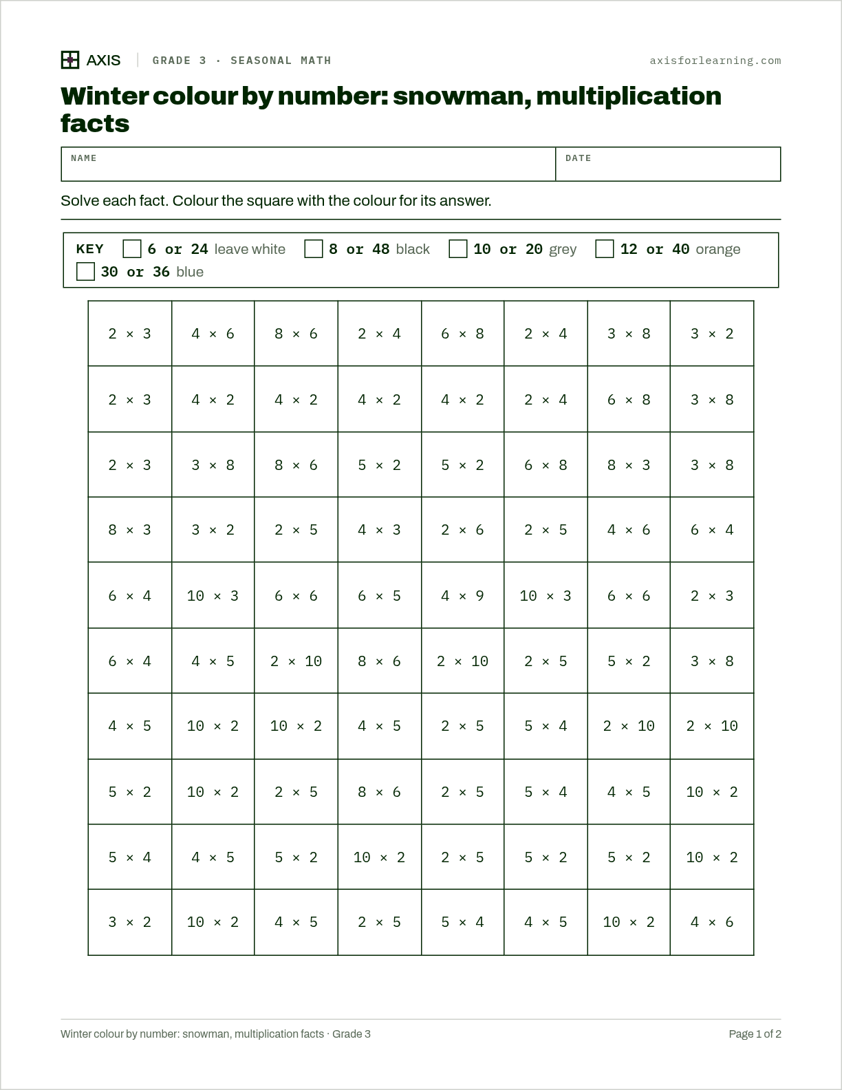 Winter colour by number: snowman, multiplication facts: first page of the printable worksheet