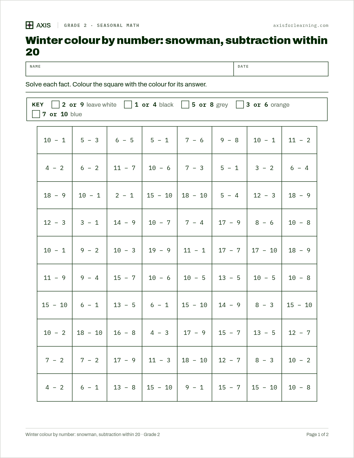 Winter colour by number: snowman, subtraction within 20: first page of the printable worksheet