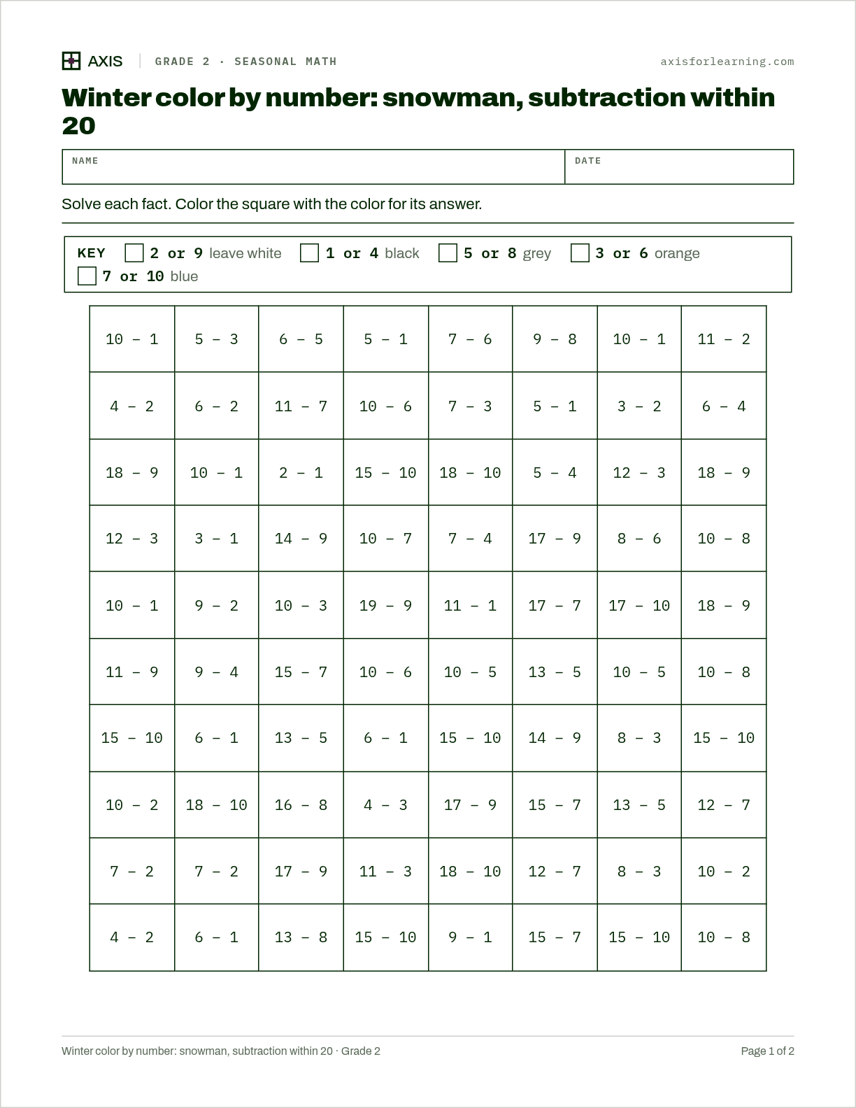 Winter color by number: snowman, subtraction within 20: first page of the printable worksheet