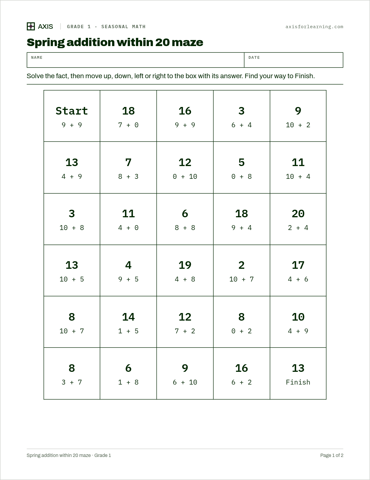 Spring addition within 20 maze: first page of the printable worksheet