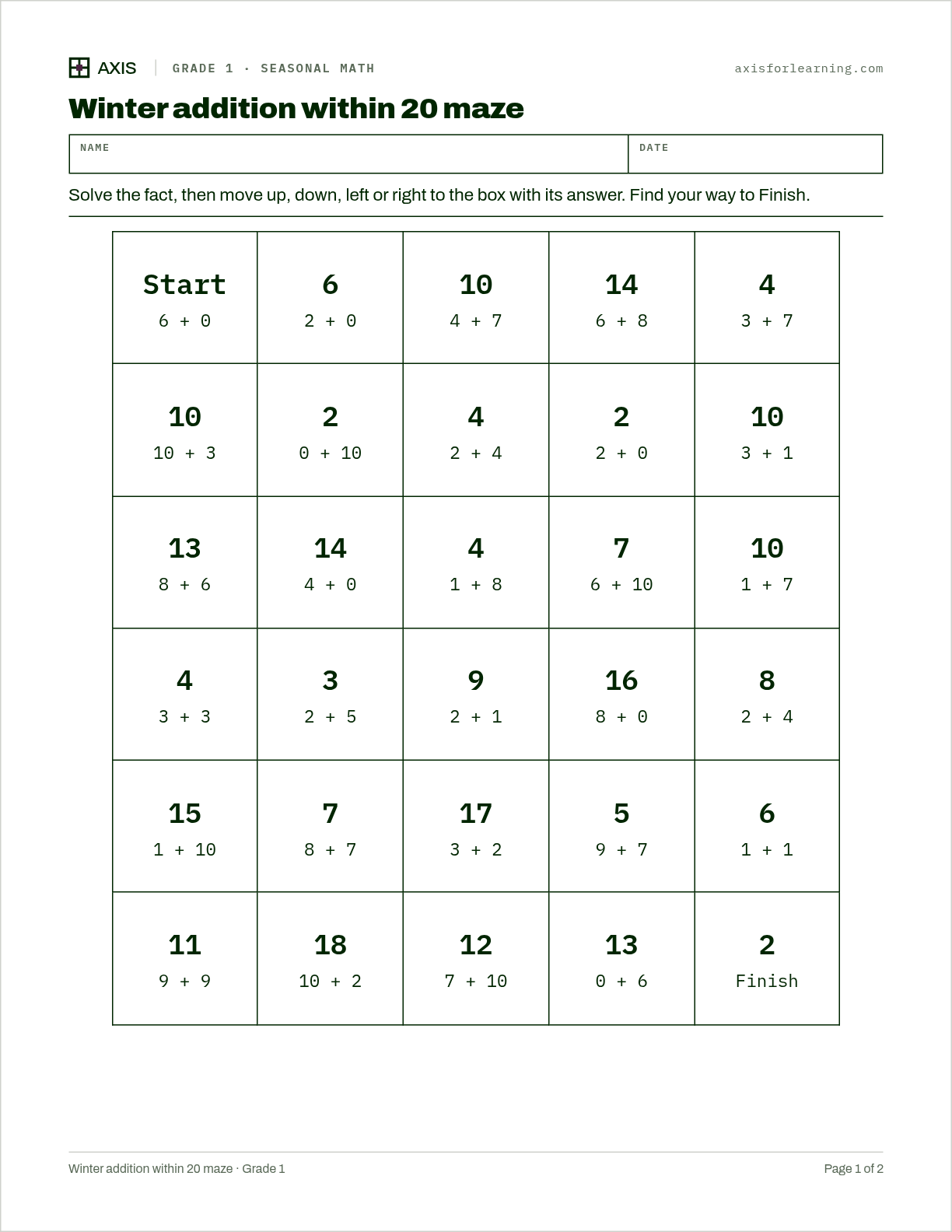 Winter addition within 20 maze: first page of the printable worksheet