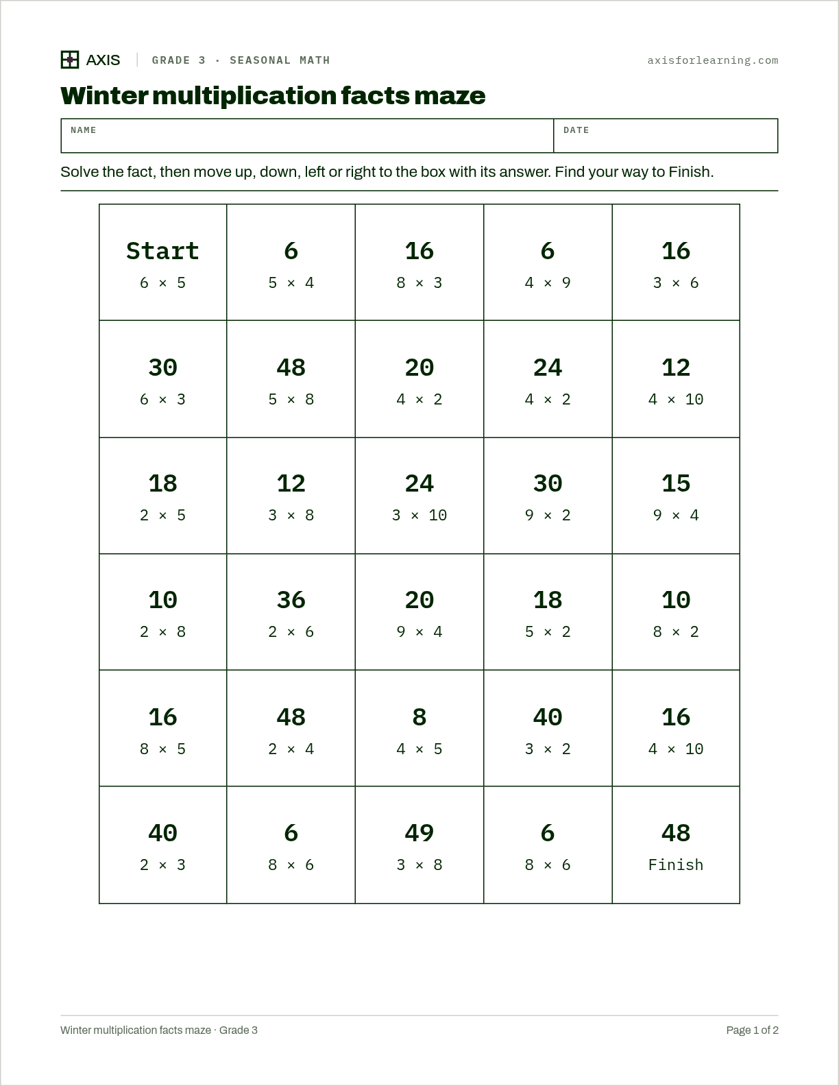 Winter multiplication facts maze: first page of the printable worksheet