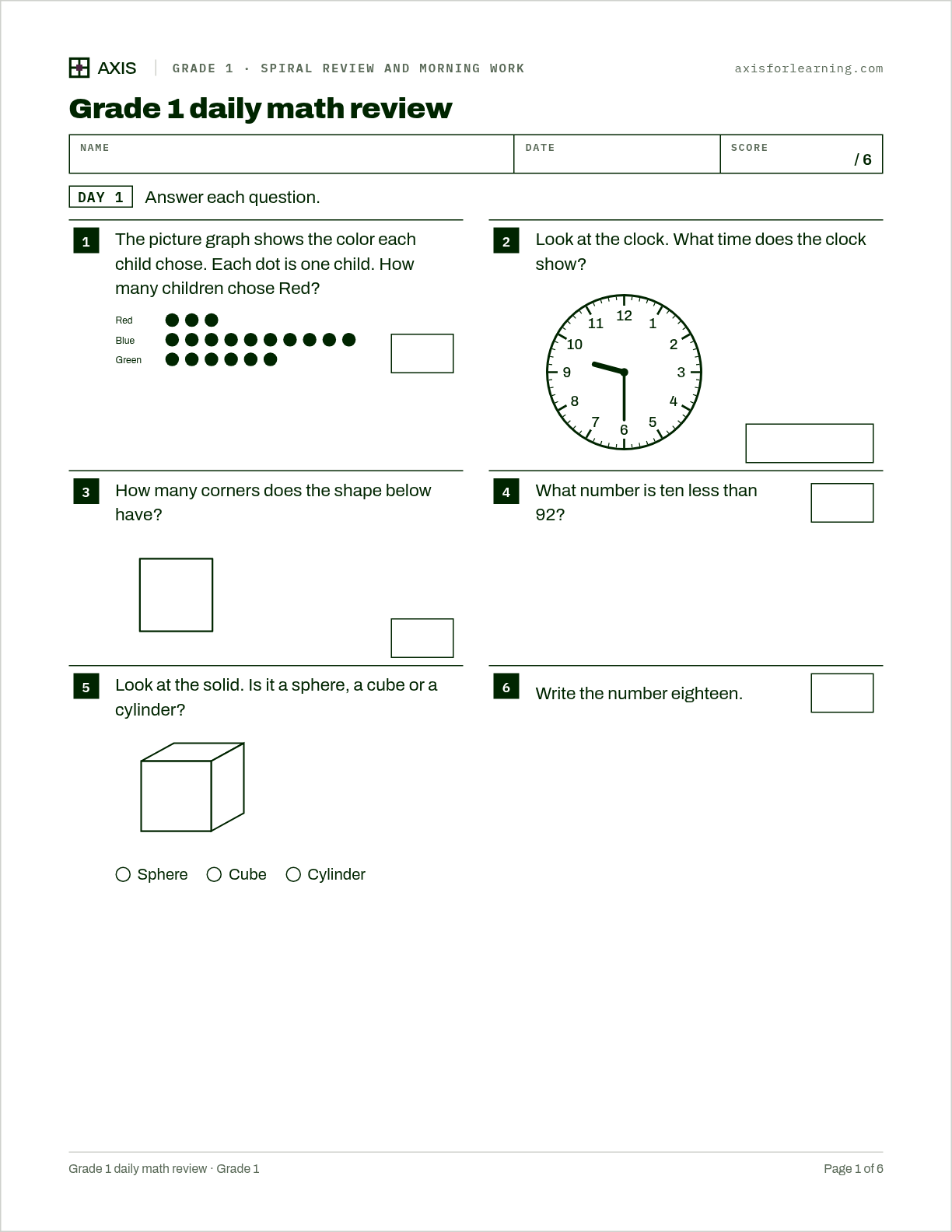 Grade 1 daily math review: first page of the printable worksheet