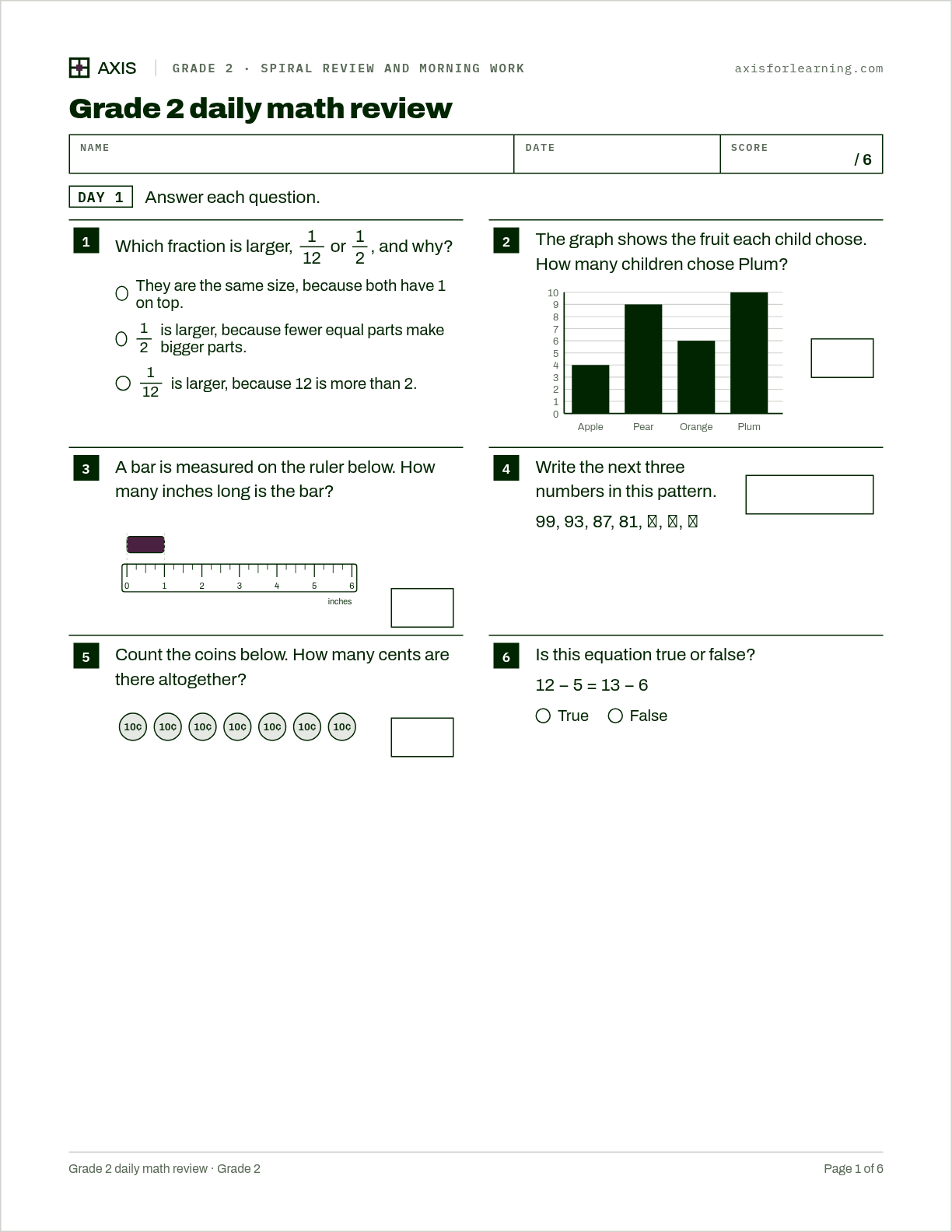 Grade 2 daily math review: first page of the printable worksheet