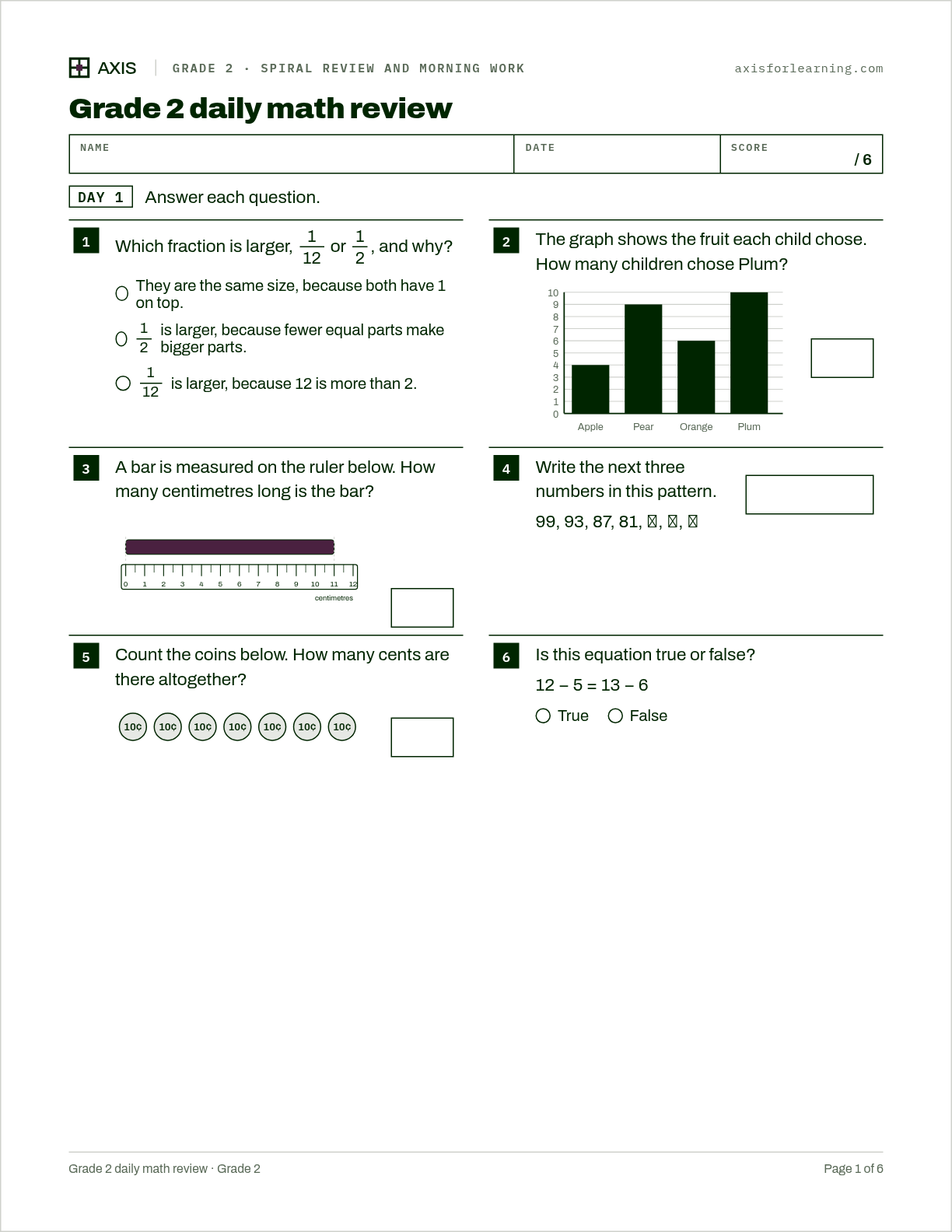 Grade 2 daily math review: first page of the printable worksheet