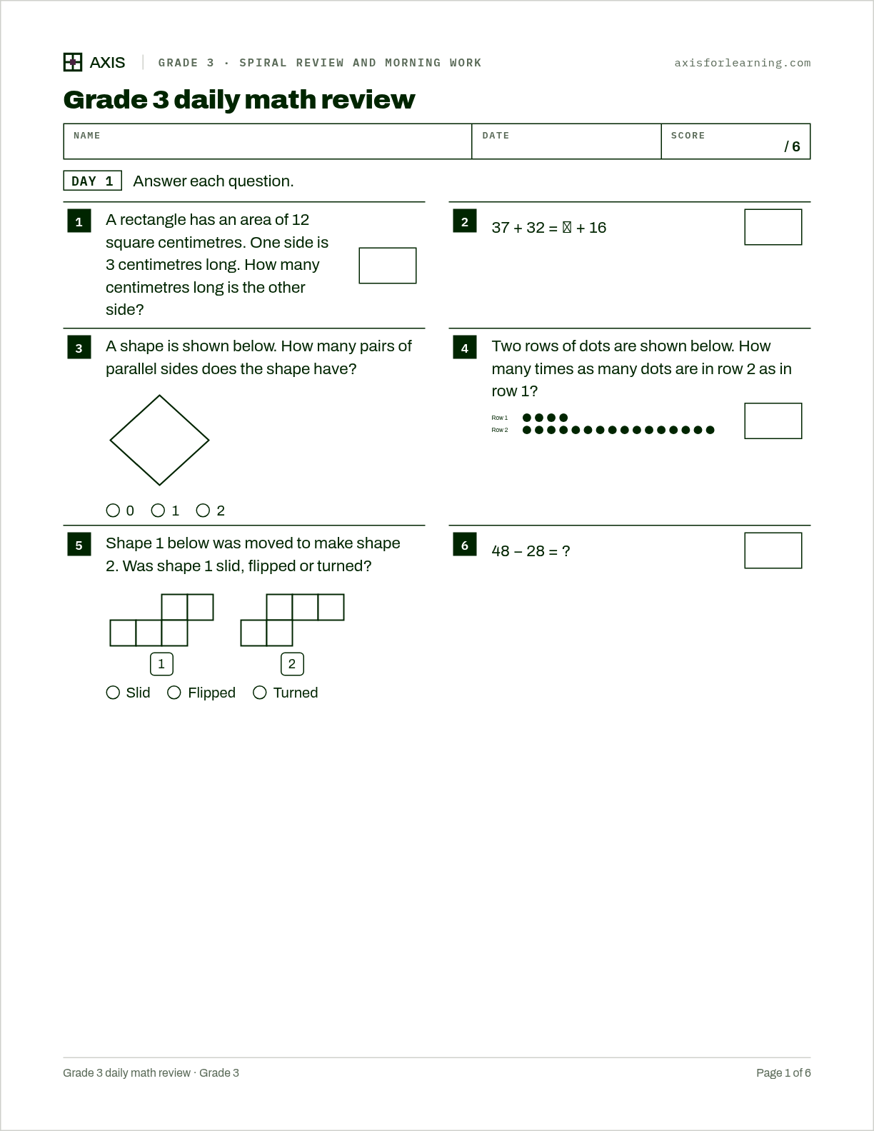 Grade 3 daily math review: first page of the printable worksheet