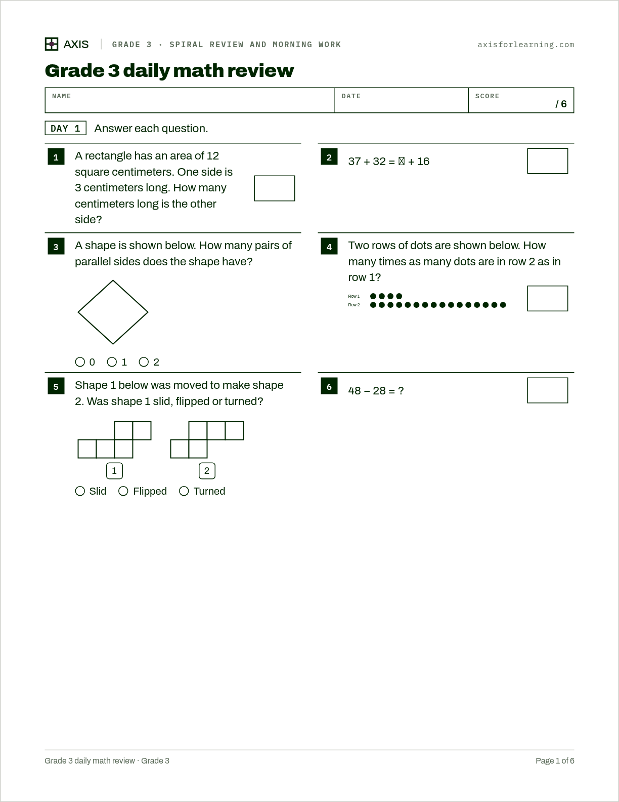 Grade 3 daily math review: first page of the printable worksheet