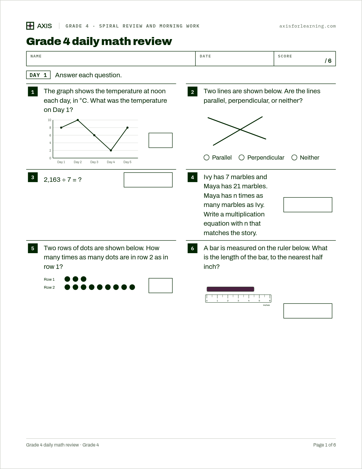 Grade 4 daily math review: first page of the printable worksheet