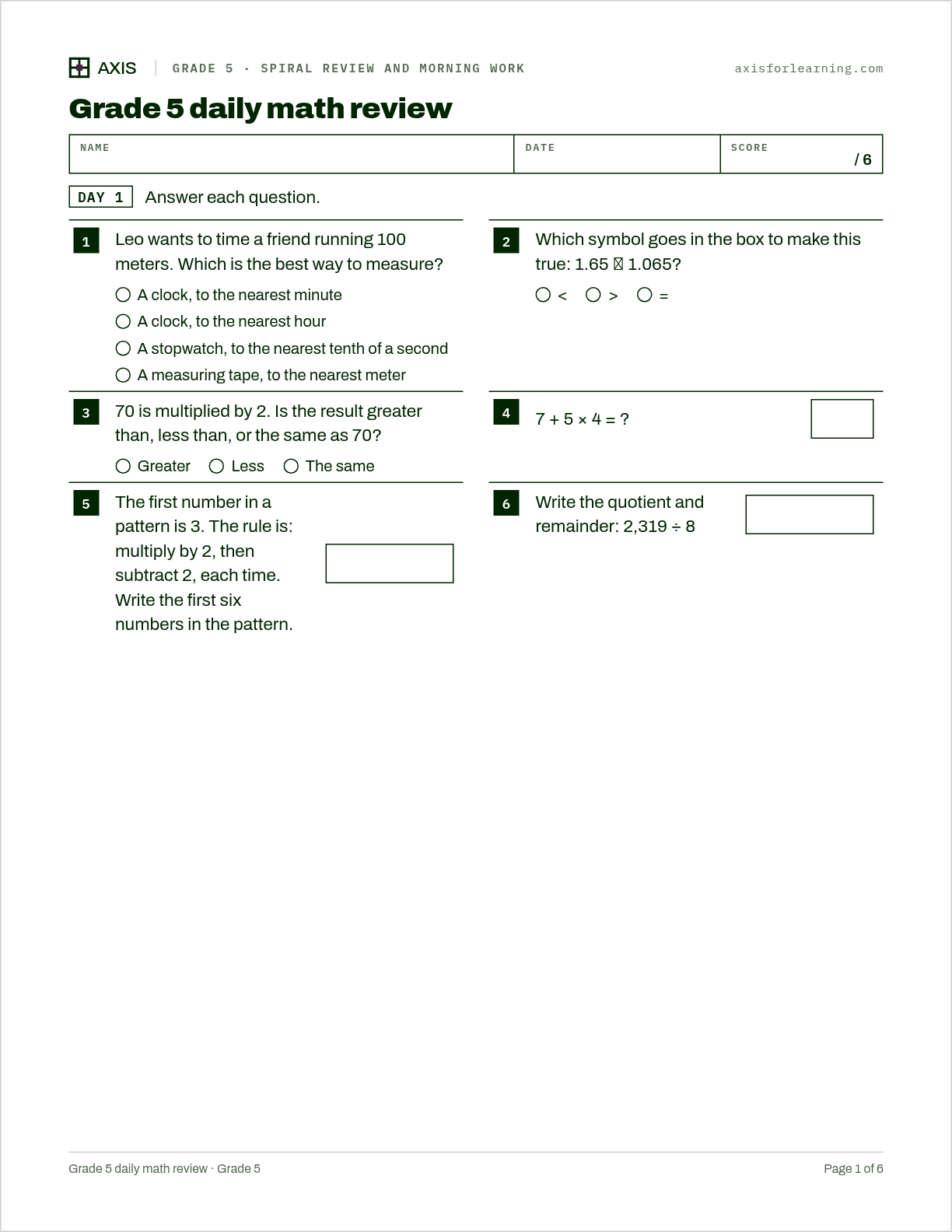Grade 5 daily math review: first page of the printable worksheet