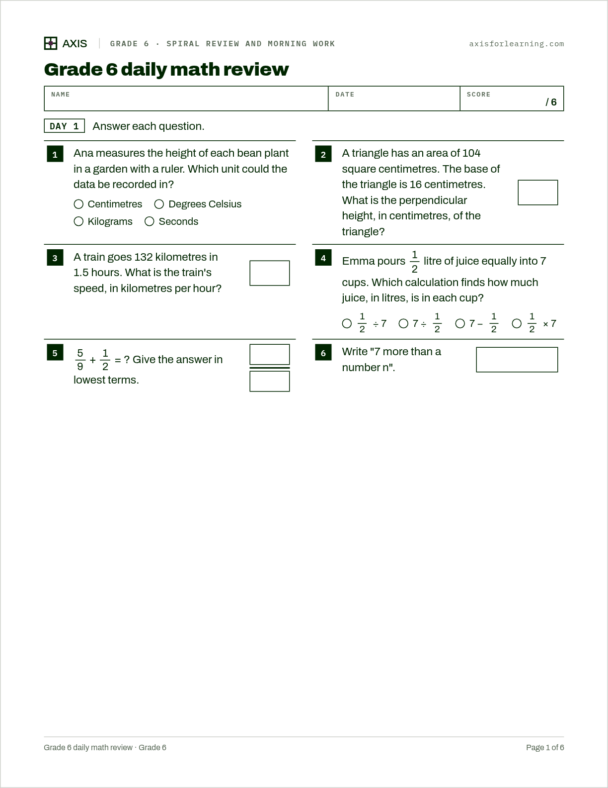 Grade 6 daily math review: first page of the printable worksheet