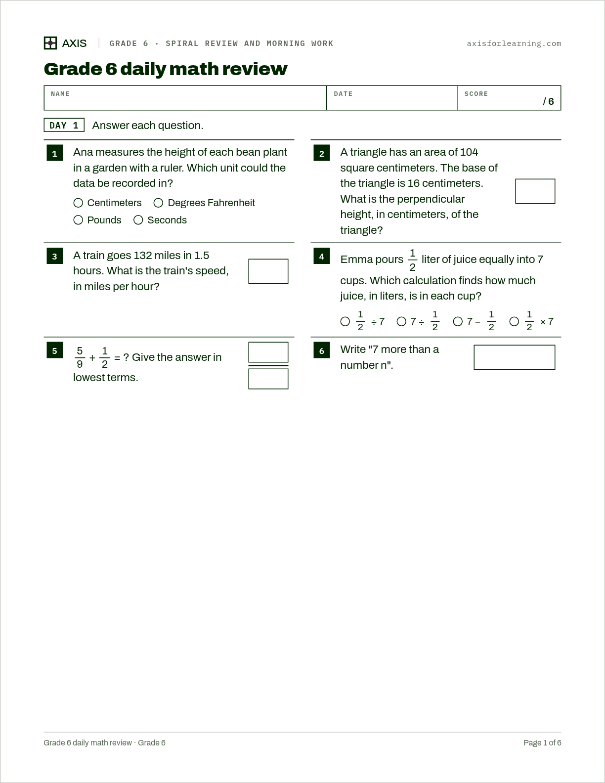 Grade 6 daily math review: first page of the printable worksheet