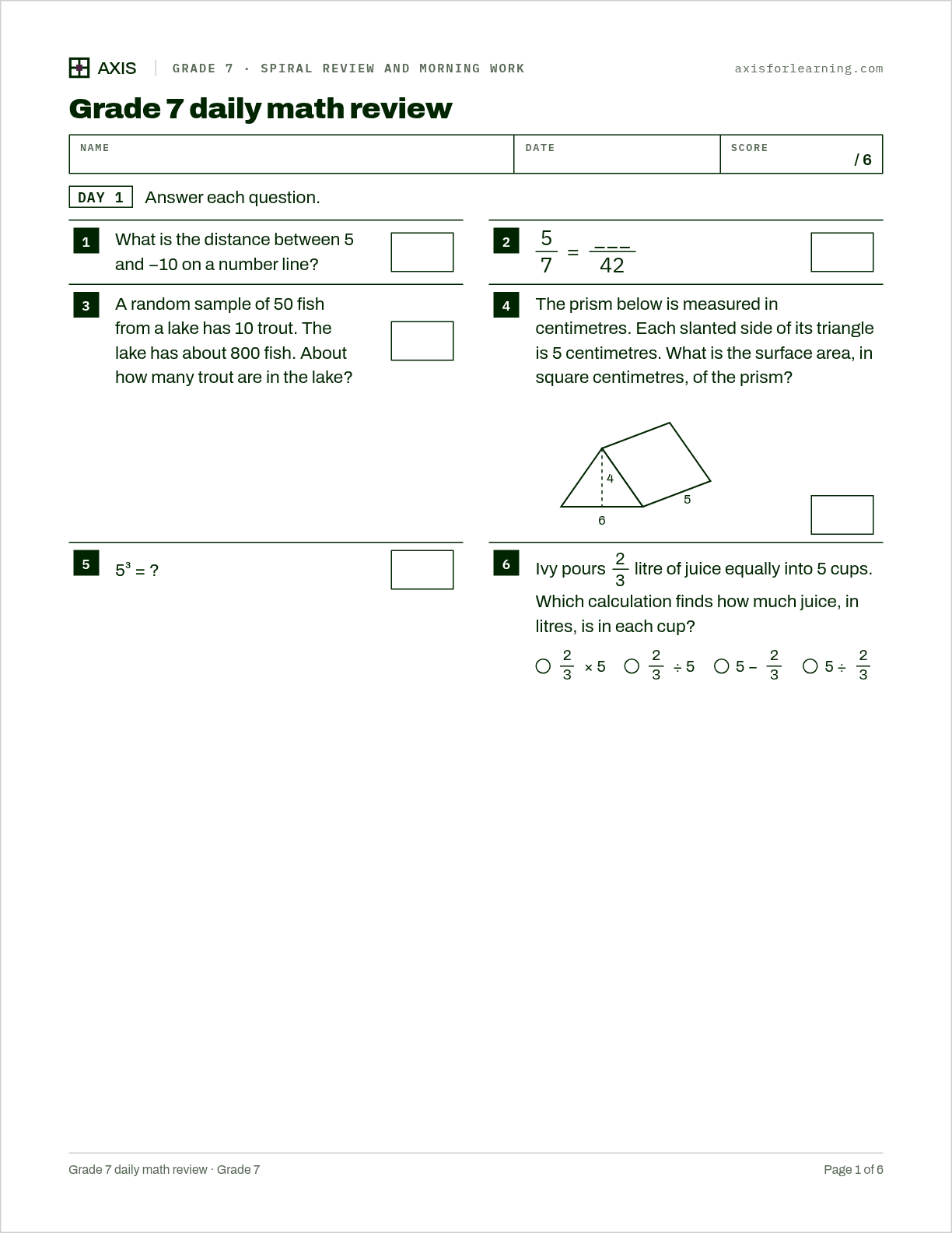 Grade 7 daily math review: first page of the printable worksheet