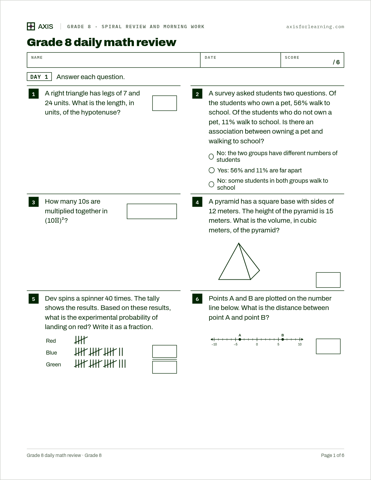 Grade 8 daily math review: first page of the printable worksheet