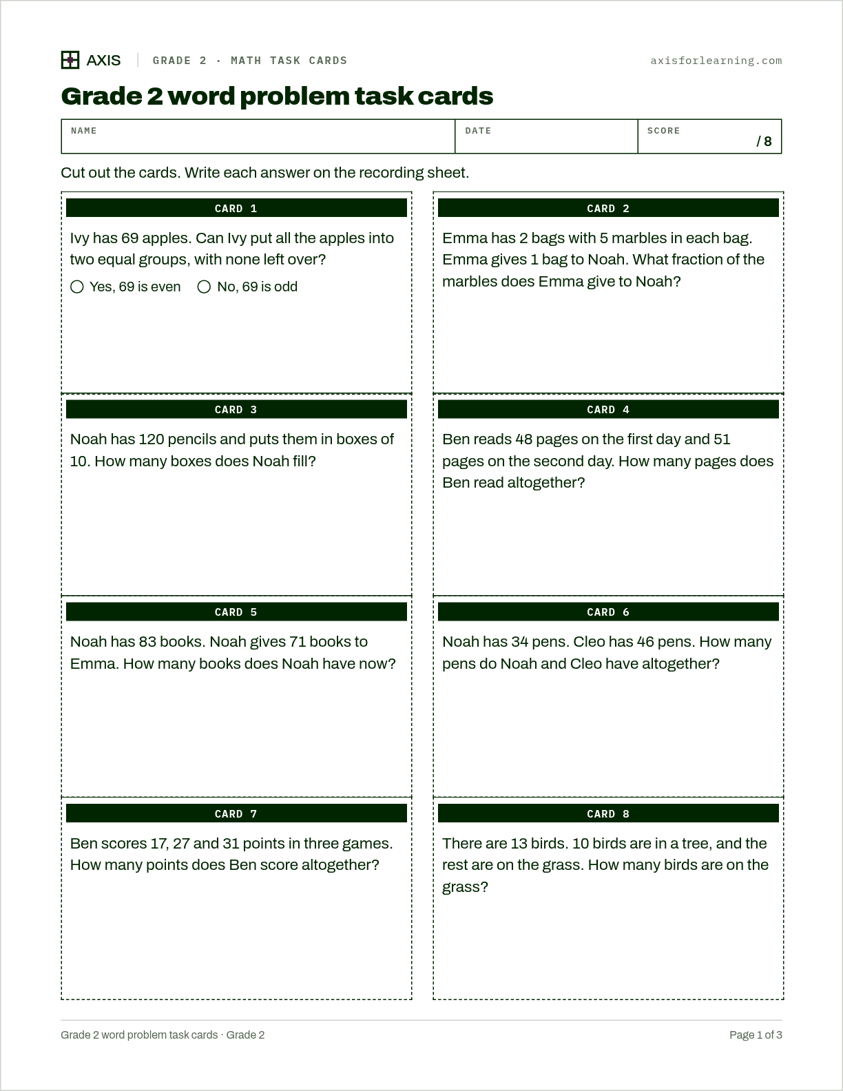 Grade 2 word problem task cards: first page of the printable worksheet