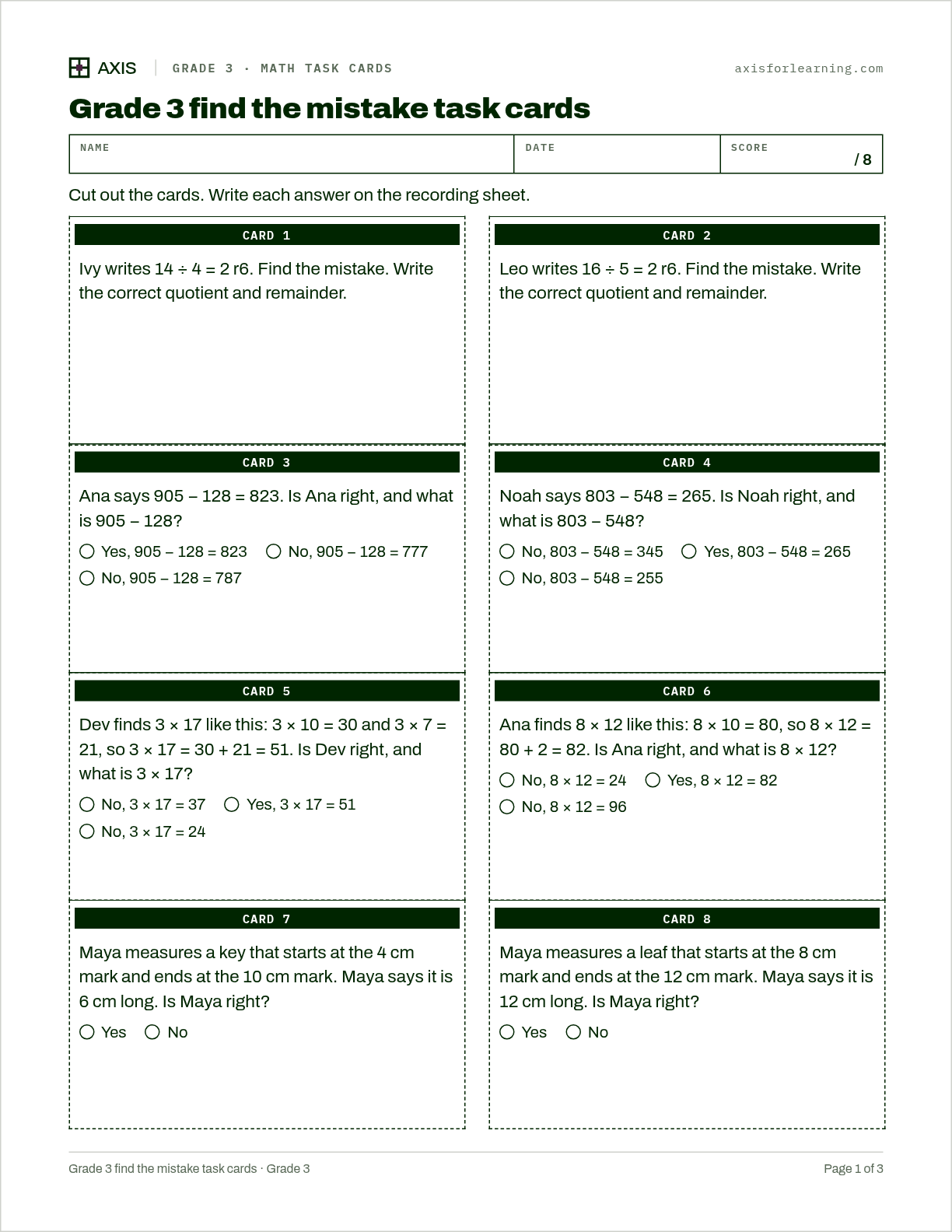 Grade 3 find the mistake task cards: first page of the printable worksheet