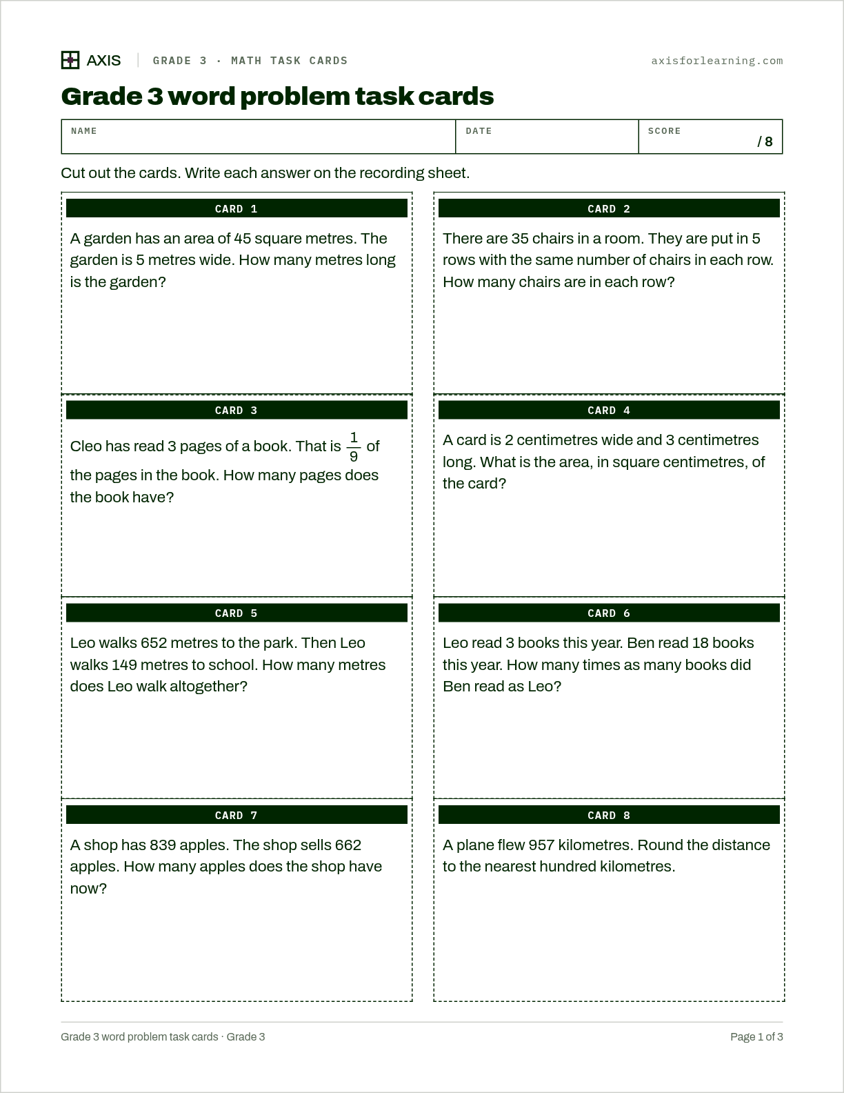 Grade 3 word problem task cards: first page of the printable worksheet