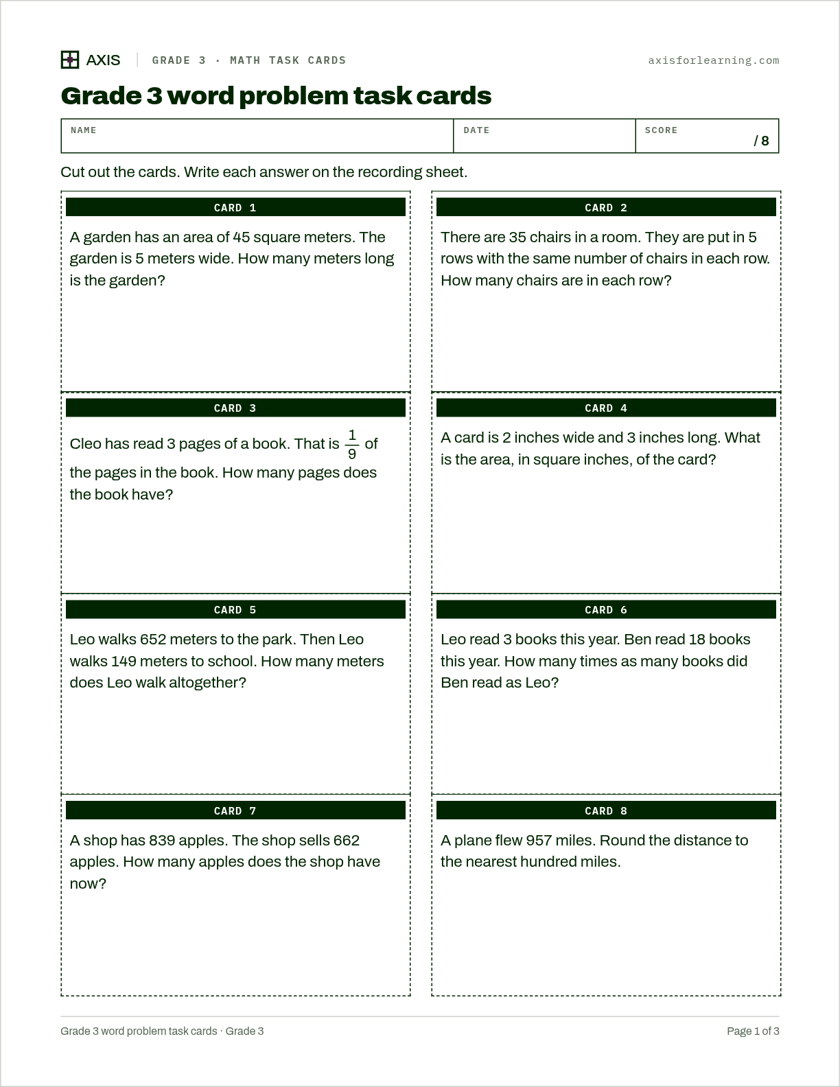 Grade 3 word problem task cards: first page of the printable worksheet