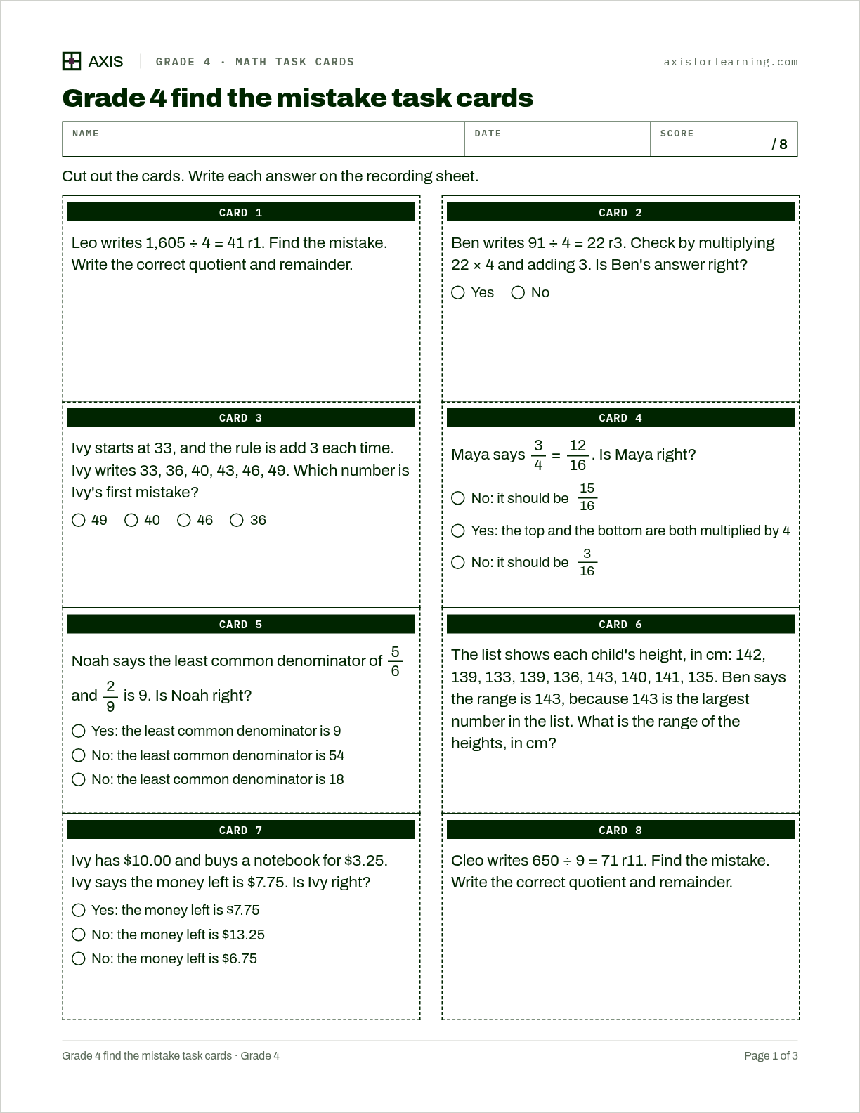 Grade 4 find the mistake task cards: first page of the printable worksheet