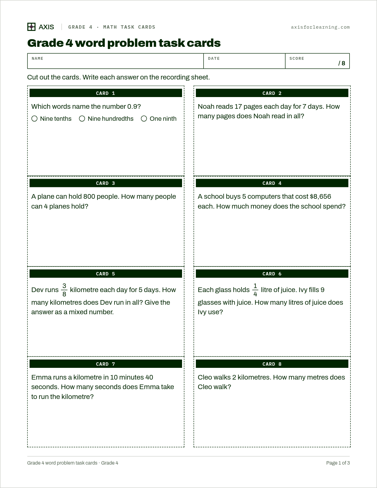 Grade 4 word problem task cards: first page of the printable worksheet