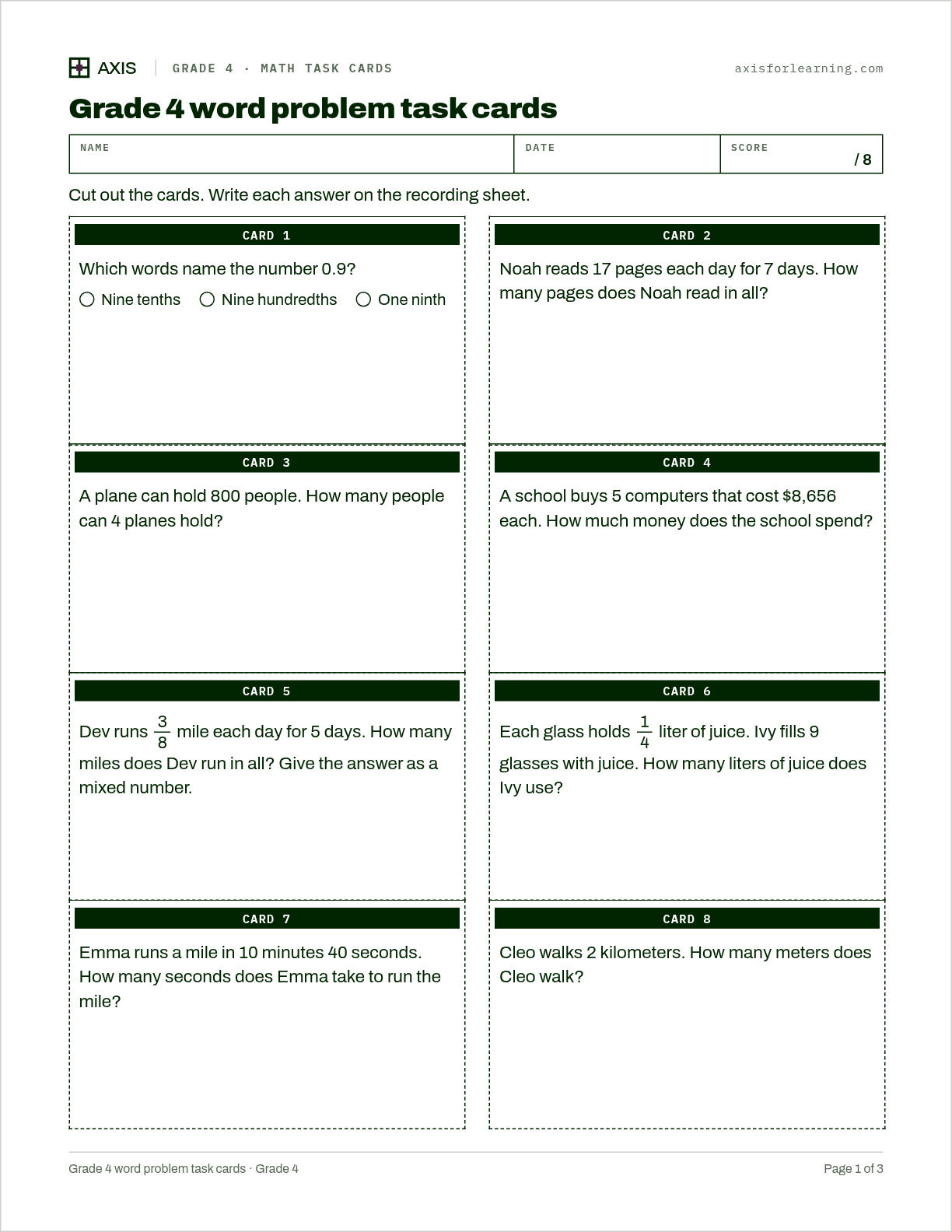 Grade 4 word problem task cards: first page of the printable worksheet