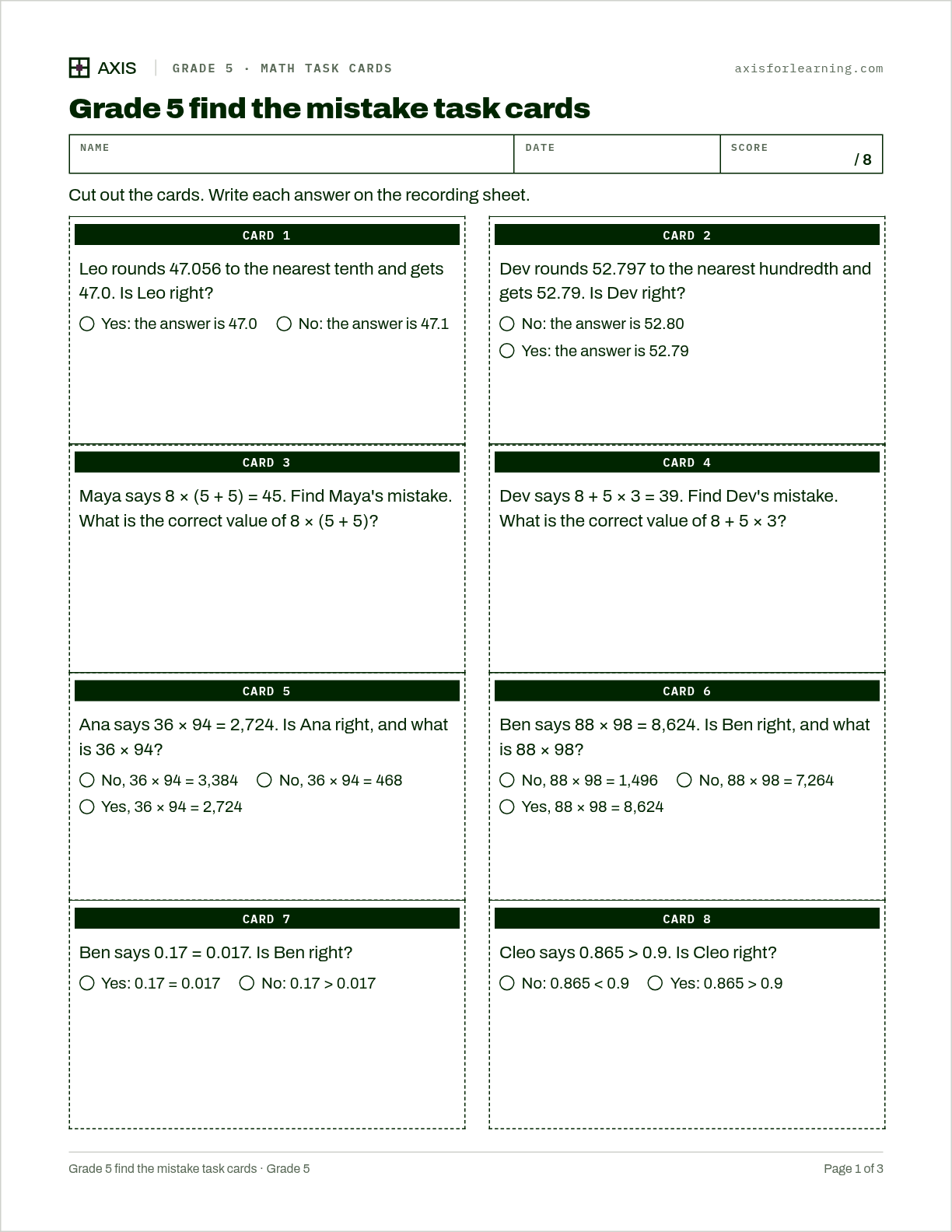 Grade 5 find the mistake task cards: first page of the printable worksheet