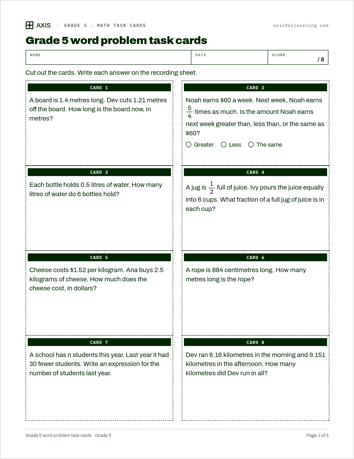 Grade 5 word problem task cards: first page of the printable worksheet