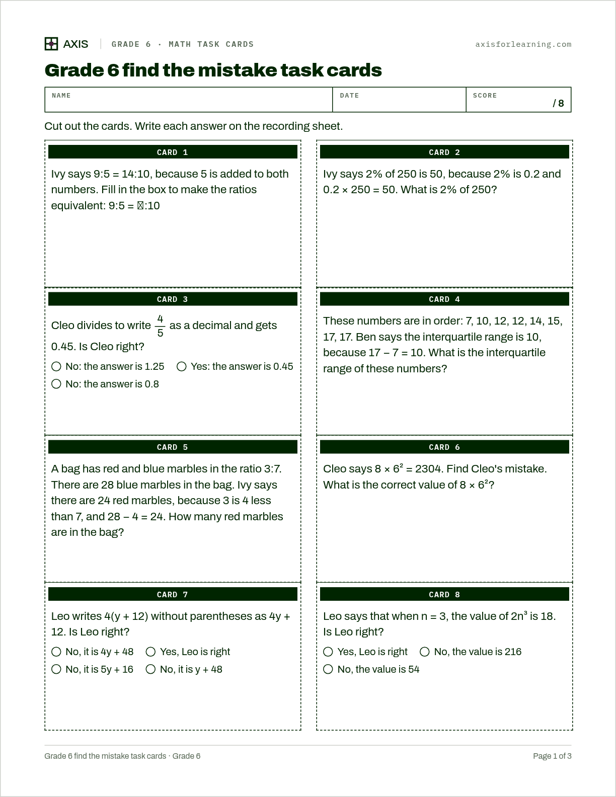 Grade 6 find the mistake task cards: first page of the printable worksheet