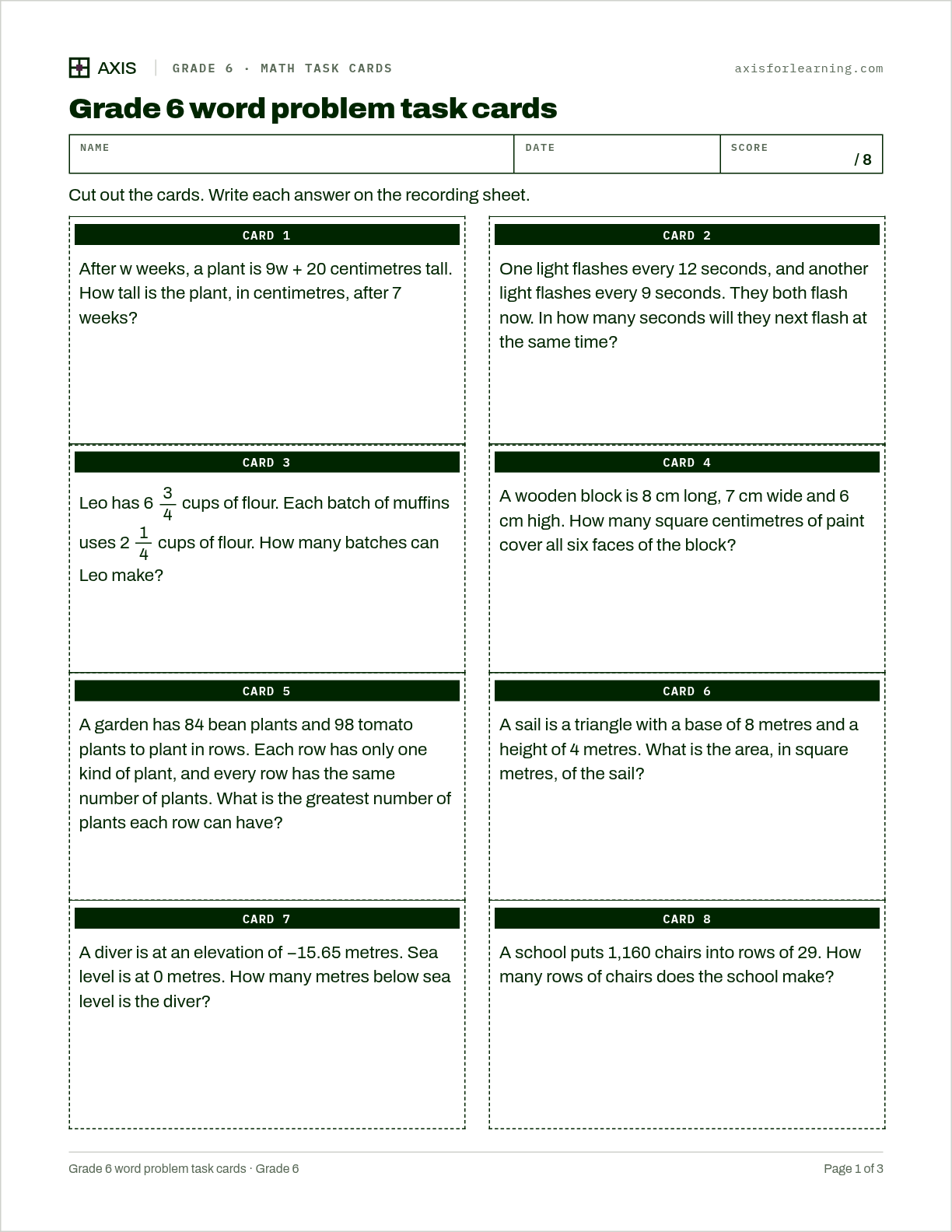 Grade 6 word problem task cards: first page of the printable worksheet